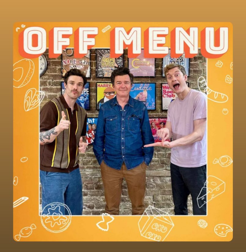 whttkra's tweet photo. @OffMenuOfficial can you pls explain what is going on with James Acaster's enormously long hand in the pic for the @rickastley episode? https://t.co/MhieZSzckQ