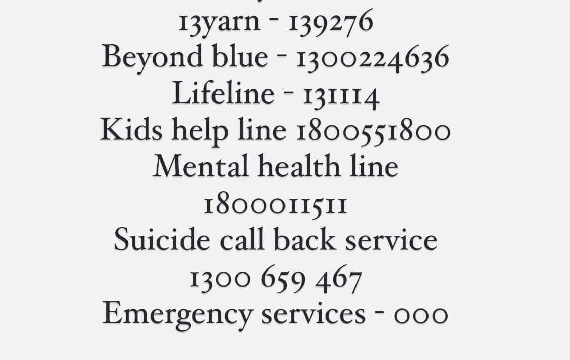 Today has been hard, if you need to chat I'm here but I also wanted to share that in Australia if you need to talk to someone you can call one of these services.

If you're not in Australia and need to talk please reach out and I can find the number of a service in your country