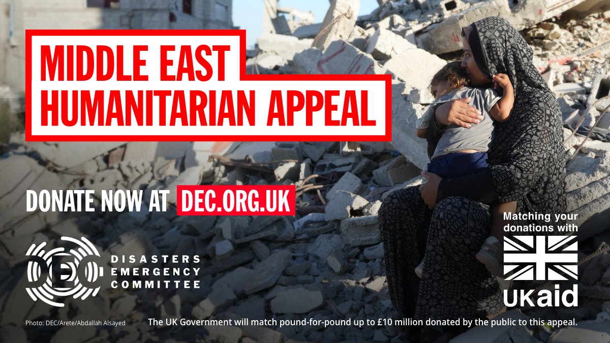 decappeal's tweet image. The DEC has launched the Middle East Humanitarian Appeal.   
The UK Government will match pound-for-pound up to £10 million donated by the public to this appeal, meaning your support will go even further. #UKAidMatch 
Donate now and help save lives: 
bit.ly/MiddleEastHuma…
