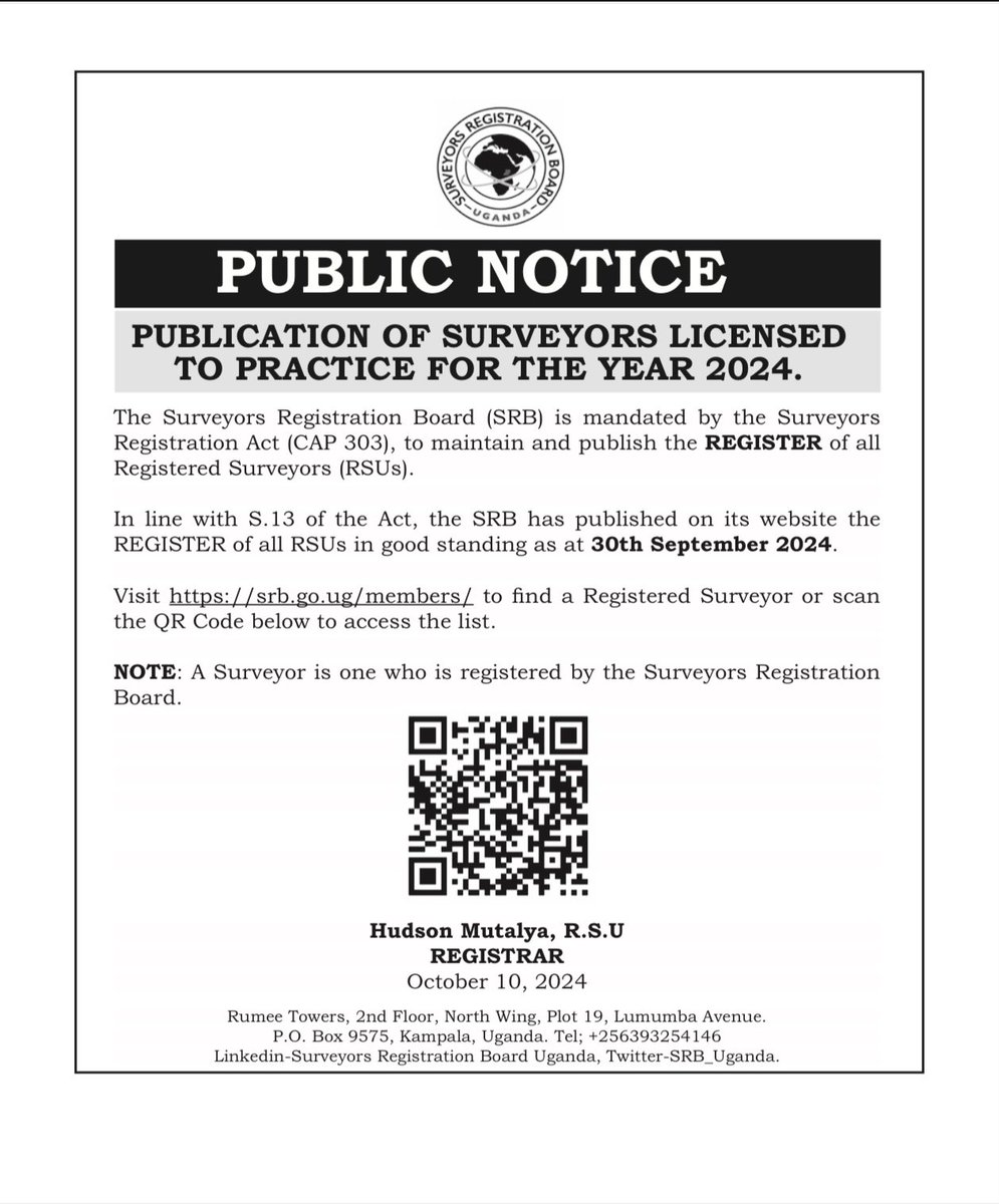 We are pleased to announce that the updated list of Registered Surveyors licensed to practice for the year 2024 is now available. If you are seeking to verify the Registration status of a surveyor or looking for a qualified professional, visit our portal through the link below.