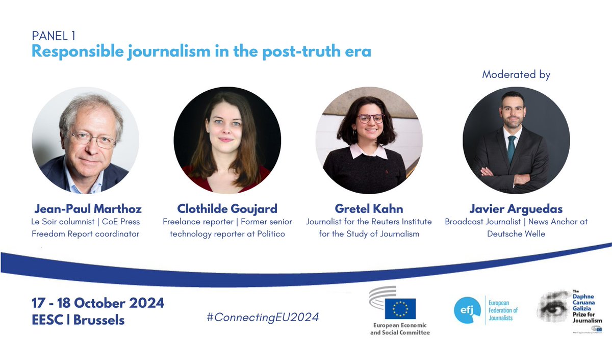 🇪🇺 We are ready!

Join me in today's panel "Responsible journalism in the post-truth era" at <a href="/EU_EESC/">European Economic and Social Committee</a>'s Connecting EU seminar, with <a href="/jpmarthoz/">jean-paul Marthoz</a> <a href="/clothildegouj/">Clothilde Goujard</a> <a href="/gretelkahn/">Gretel Kahn</a>

Streamed live here from 11:15 am CEST
▶️ europa.eu/!fvwTbR