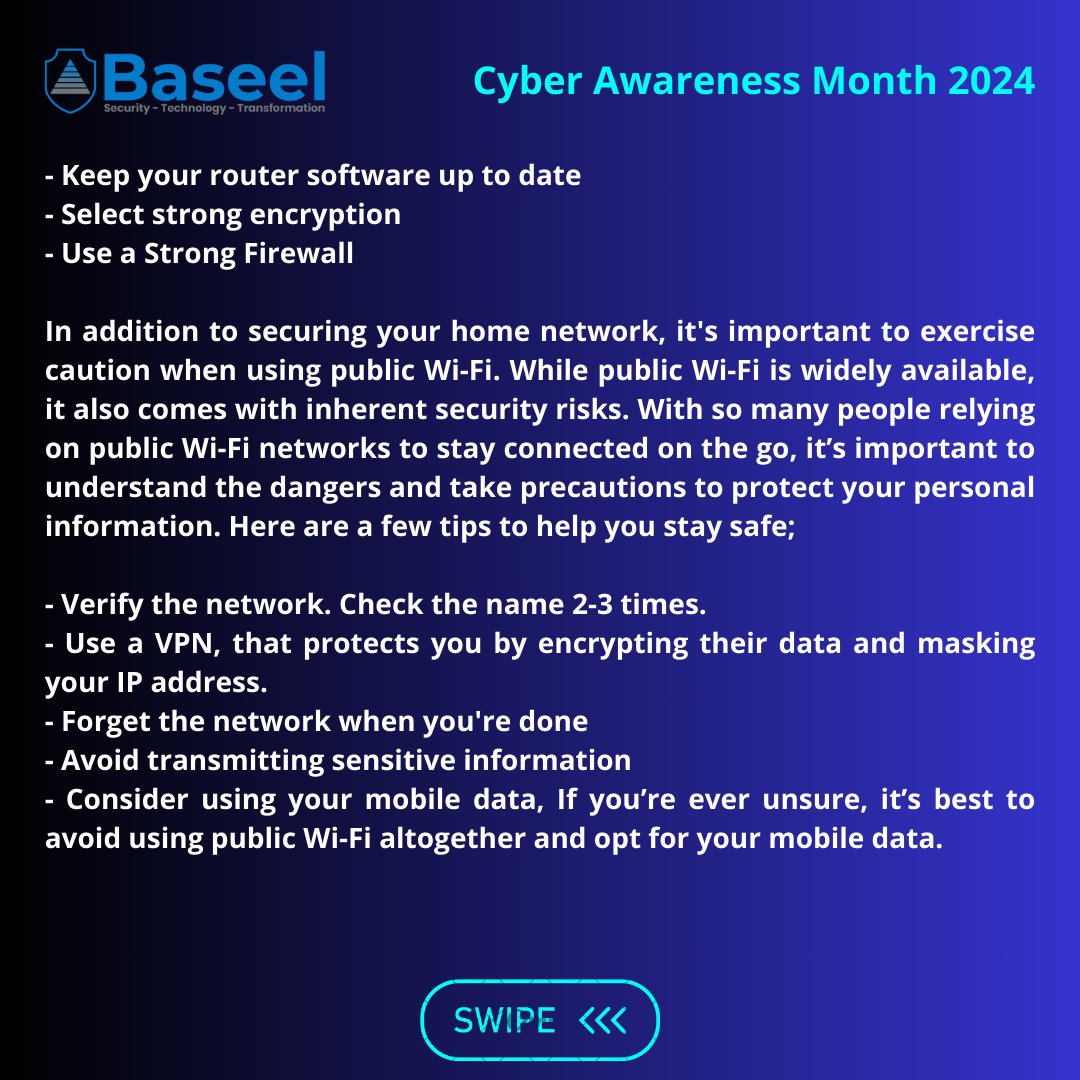 Baseelpartners's tweet photo. 𝐂𝐲𝐛𝐞𝐫 𝐀𝐰𝐚𝐫𝐞𝐧𝐞𝐬𝐬 𝐌𝐨𝐧𝐭𝐡 𝟐𝟎𝟐𝟒

𝗪𝗶𝗳𝗶 𝘀𝗲𝗰𝘂𝗿𝗶𝘁𝘆

#CyberSafe
#WiFiSecurity
#PublicWifi
#Network
#WiFi
#CyberAwareness
#DigitalSecurity https://t.co/Alu96vHsA2