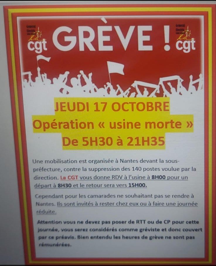 OrvaultPcf's tweet image. 🚩 Soutien aux salarié-e-s de #GeneralElectric en grève aujourd'hui pour la défense de leurs emplois!✊

#Nantes #Loireatlantique #MontoirdeBretagne #Stherblain #PCF44 #17octobre #lutte #greve #PCF #Industrie #cgt44 #cgt