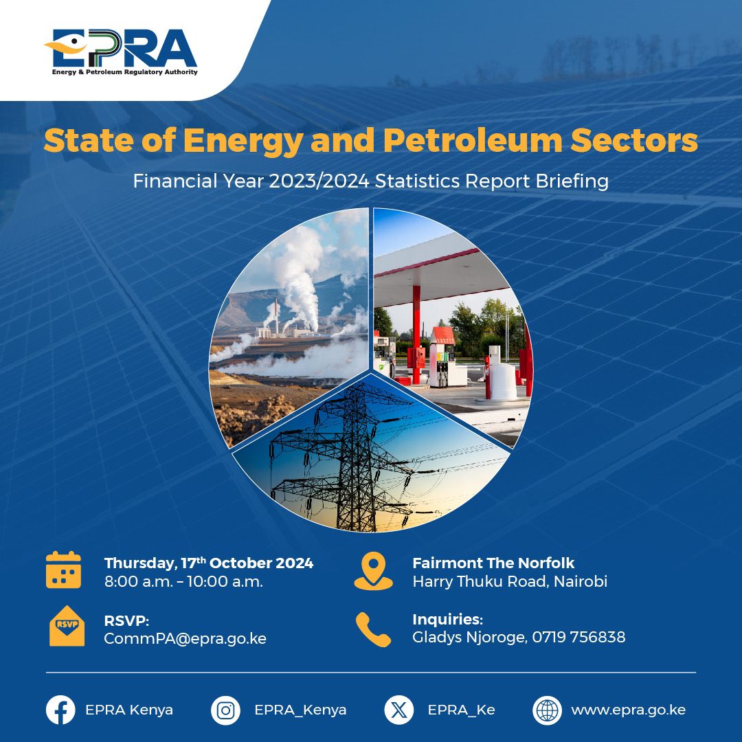 Gandalf_vih's tweet photo. EPRA is gearing up to release the 2023/2024 Energy & Petroleum Statistics Report, offering comprehensive insights into the sector's progress in Kenya. @EPRA_Ke
Statistics Report
#EPRAStatisticsReport
@EPRA_Ke https://t.co/L6QOSELqQe