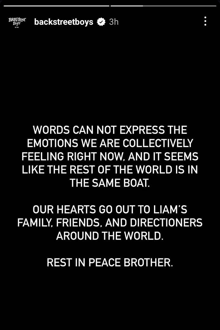 inquirerdotnet's tweet photo. ‘REST IN PEACE BROTHER’

LOOK: The 90s boy band Backstreet Boys grieve the loss of former One Direction member Liam Payne, sending their condolences to his family, friends, and fans worldwide through an Instagram story. | 📷: Backstreet Boys via Alliah Jalimao, https://t.co/E0yNJSWXKw trainee

READ MORE: https://t.co/3dXYLuZs6m