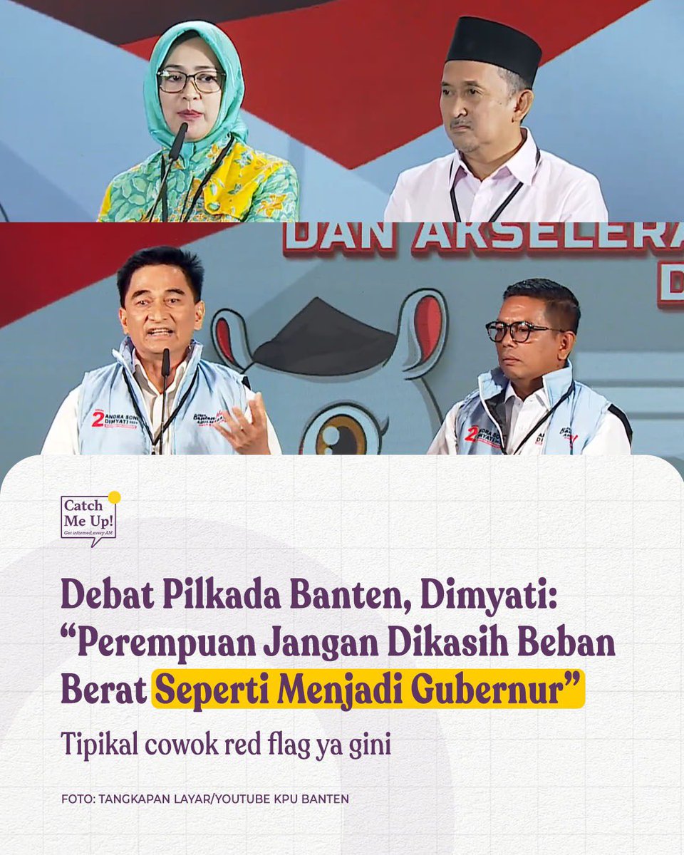 catchmeupco's tweet photo. Calon Wakil Gubernur Banten Dimyati Natakusumah menyebut perempuan jangan diberikan beban yang berat seperti menjadi gubernur. Hal itu disampaikan Dimyati di hadapan Calon Gubernur Banten Airin Rachmi Diany dalam debat perdana Pilkada Banten, Rabu (16/10) malam. https://t.co/1jx9Di0Izt