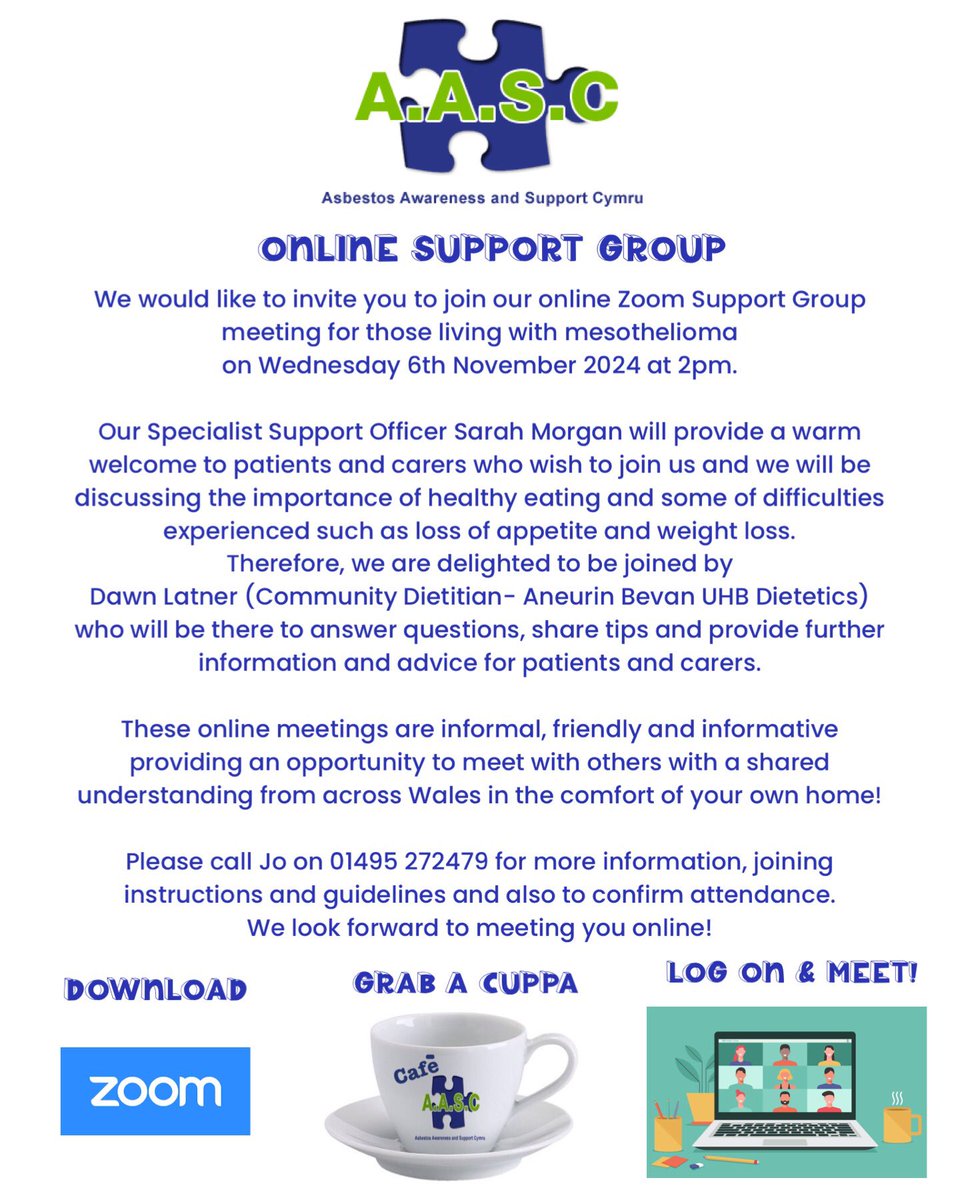 AASC2's tweet photo. We’re looking forward to welcoming #patients &amp; #carers affected by #mesothelioma to our next #online #zoom #support group meeting on 6th Nov. We we will be discussing eating problems, healthy #diet, loss of appetite and some of the other challenges faced with food. Please share! https://t.co/B6UnPw0zE4