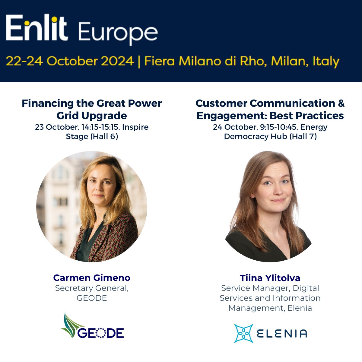 GEODE (@geode_eu) on Twitter photo Join us at <a href="/Enlit_Europe/">Enlit Europe</a> 2024 in Milan next week!
🗣 On 23/10, our Secretary General, <a href="/CarmenCgimeno/">Carmen Gimeno</a>, will speak at the “Financing the Great Power Grid Upgrade” session
🗣 On 24/10, Tiina Ylitolva from <a href="/Elenia_fi/">Elenia</a> will present on customer communication best practices Join us at <a href="/Enlit_Europe/">Enlit Europe</a> 2024 in Milan next week!
🗣 On 23/10, our Secretary General, <a href="/CarmenCgimeno/">Carmen Gimeno</a>, will speak at the “Financing the Great Power Grid Upgrade” session
🗣 On 24/10, Tiina Ylitolva from <a href="/Elenia_fi/">Elenia</a> will present on customer communication best practices