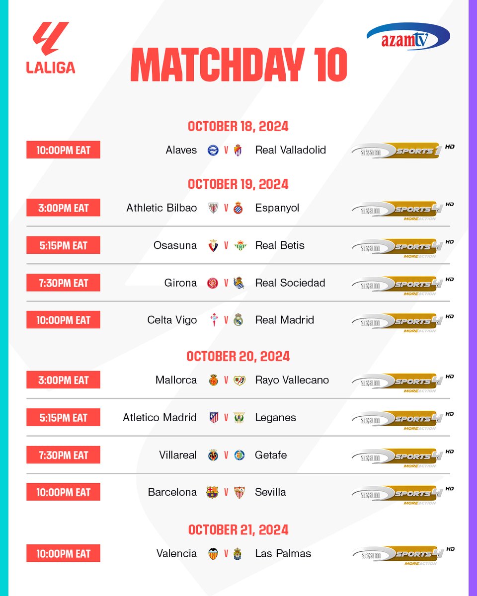 Azamtv_ug's tweet photo. #matchday10🔥⚽
Its Match day today,@LaLigaEN 🇪🇸🇪🇸 is back with #Alaves vs #RealValladolid at 10:00pm on #AzamSports1HD , and more tomorrow as we dive into the weekend.
#ItsGameOn
#itsgametime
#AzamtvSportsUpdate.
#AzamTVUpdates #burudanikwawote #Entertainmentforeverybody
You can also catch it on the go with #AzamTVMaxApp click on the Download link below;
https://t.co/S0v83DyTFW