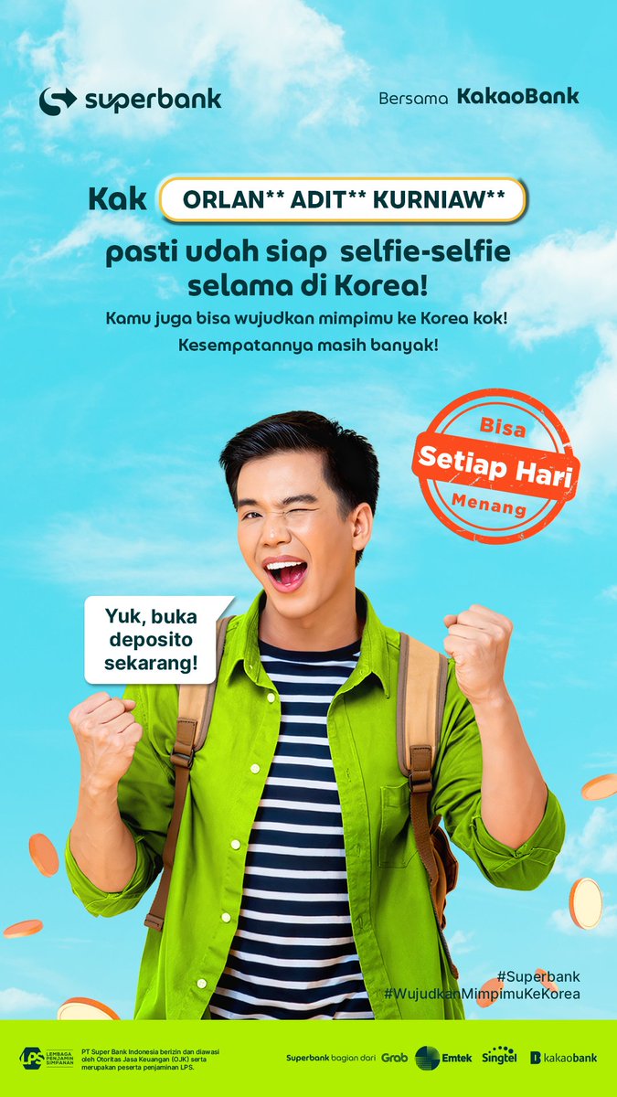 superbankidn's tweet photo. Kak ORLAN** ADIT** KURNIAW** udah siap nikmatin suasana Korea sambil selfie-selfie seru nih!

Mau selfie di indahnya pemandangan Korea juga? Tinggal buka Deposito Superbank minimal Rp500rb, dan siap-siap dapet kesempatan buat terbang PP ke Korea GRATIS!

Masih banyak kesempatan menang, buruan ikutan!!!

#Superbank #BeSuper #WujudkanMimpimukeKorea #BersamaSuperbank #DepositoSuperbank #BungaTinggi #CUMASuperbank #SuperbanktoKorea