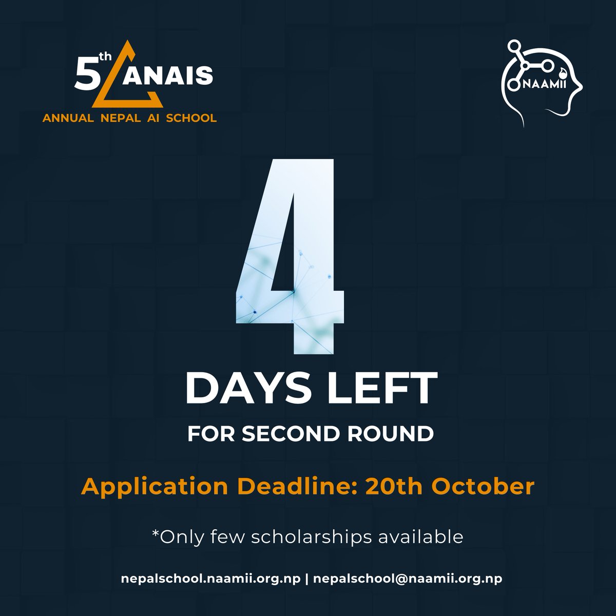 naamii_nepal's tweet photo. Second Round Application for ANAIS 2024 Closing Soon!!

Register Now! : https://t.co/33nu6HlyVi
🌐Open to National and International Participants
📅Program Date: December 27, 2024, to January 6, 2025
For more information visit: https://t.co/MN5zZh0K0n https://t.co/5G93me4sat