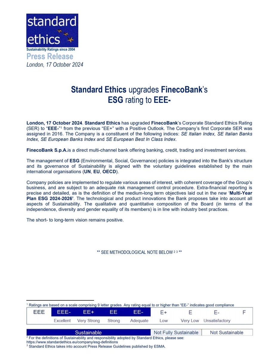 Standard Ethics (@standardethics) on Twitter photo An upgrade today to <a href="/FinecoLive/">FinecoBank</a> 's #ESG #rating. Standard Ethics has raised the rating to "EEE-". An 'Excellent' #Sustainable Grade. Read more details below and download release on site. <a href="/teleborsa/">Teleborsa</a> <a href="/finanza_online/">Finanzaonline</a> <a href="/FolBorse/">Borse.it</a> <a href="/Citywire_Italia/">Citywire Italia</a> <a href="/sole24ore/">IlSole24ORE</a> <a href="/ansa_economia/">Ansa Economia</a> An upgrade today to <a href="/FinecoLive/">FinecoBank</a> 's #ESG #rating. Standard Ethics has raised the rating to "EEE-". An 'Excellent' #Sustainable Grade. Read more details below and download release on site. <a href="/teleborsa/">Teleborsa</a> <a href="/finanza_online/">Finanzaonline</a> <a href="/FolBorse/">Borse.it</a> <a href="/Citywire_Italia/">Citywire Italia</a> <a href="/sole24ore/">IlSole24ORE</a> <a href="/ansa_economia/">Ansa Economia</a>