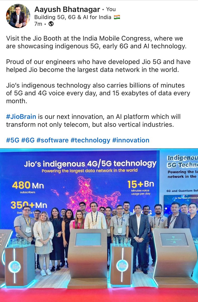 Visit the Jio Booth at the India Mobile Congress, where we are showcasing indigenous 5G, early 6G and AI technology.

Proud of our engineers who have developed Jio 5G and have helped Jio become the largest data network in the world. 

Jio’s indigenous technology also carries