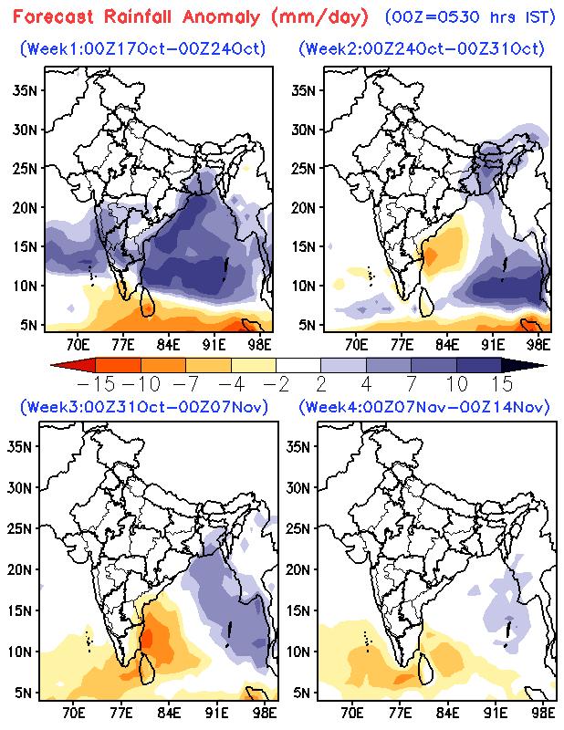 Hosalikar_KS's tweet photo. 17 Oct, Extended range forecast anomaly for rainfall: 
Wk 1: Above-normal RF likely ovr Maharashtra, Karnataka, Rayalaseema,CAP &amp; GWB
Wk 2 :Above-normal likely over NE India. Normal to slightly  below normal northeast monsoon rainfall ovr the southern peninsula  met-subdivisions. https://t.co/S6EXNwSs2y