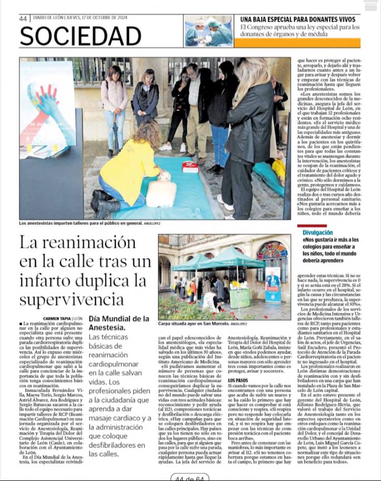 Excelente iniciativa de <a href="/AnestesiaCAULE/">AnestesiaLeon</a> en León el #DiaMundialAnestesia 
La reanimación en la calle tras un infarto duplica la supervivencia vía <a href="/diariodeleon/">Diario de León</a> <a href="/goni_zaballa/">María Goñi Zaballa</a> <a href="/Inma_F_Villa/">Inmaculada F. Villa</a> <a href="/astridlvr9/">Astrid Álvarez</a> <a href="/anestesiaanaro/">Ana Rodriguez</a> <a href="/anestesiamarcos/">sergio marcos</a> <a href="/sedar_es/">SEDAR</a> <a href="/JG_Anestesia/">Javier Garcia Fernandez</a>