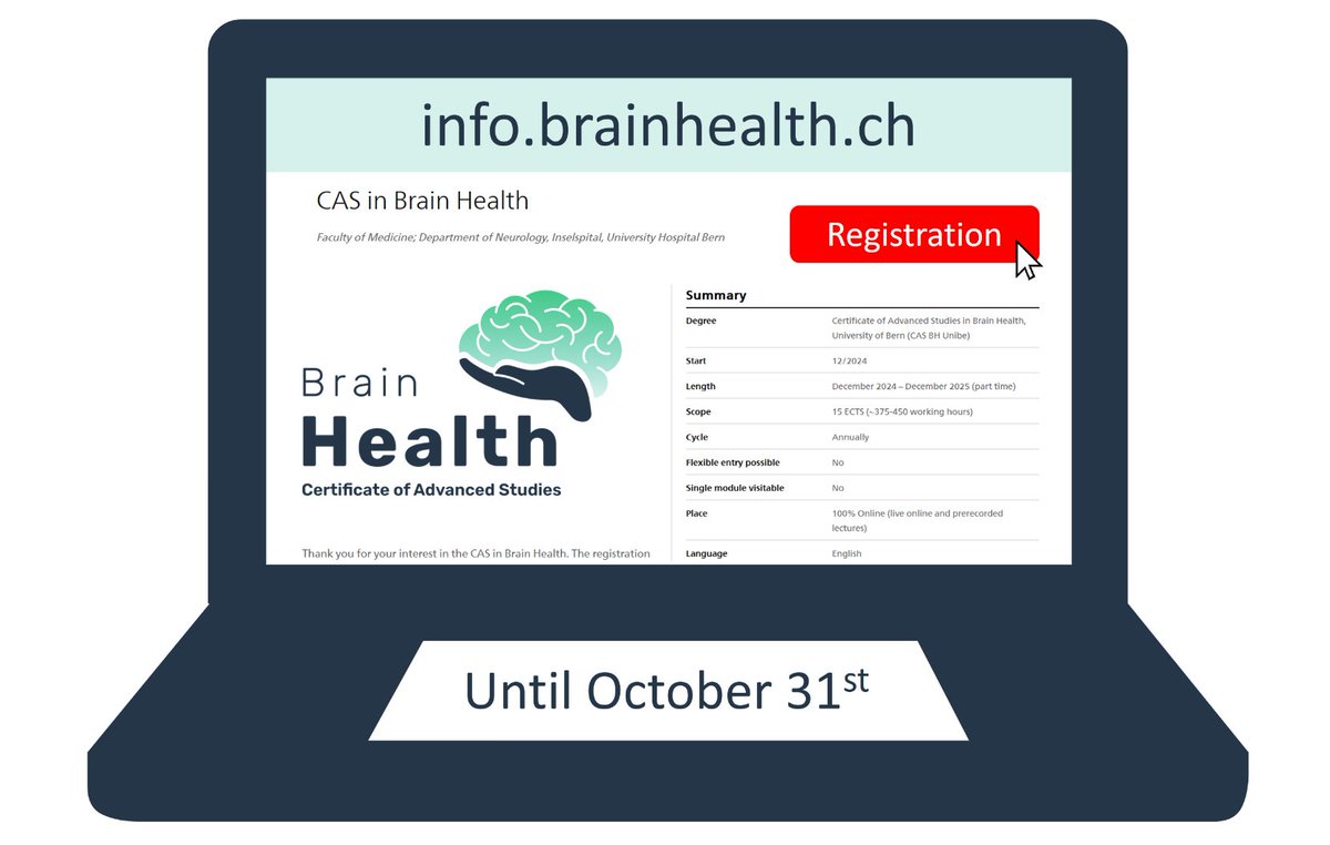 CASBrainHealth's tweet image. Register now for the @CASBrainHealth 

⏳ 14 days left to register
🧠 worldwide first study programme about #BrainHealth
💻 100% Online, offered by the @unibern 
🎓 15 ECTS, 4 Modules, 1 Year

@EANeurology @BrainHealth_org @Euro_Psychiatry @inselgruppe @SFCNSyouclin