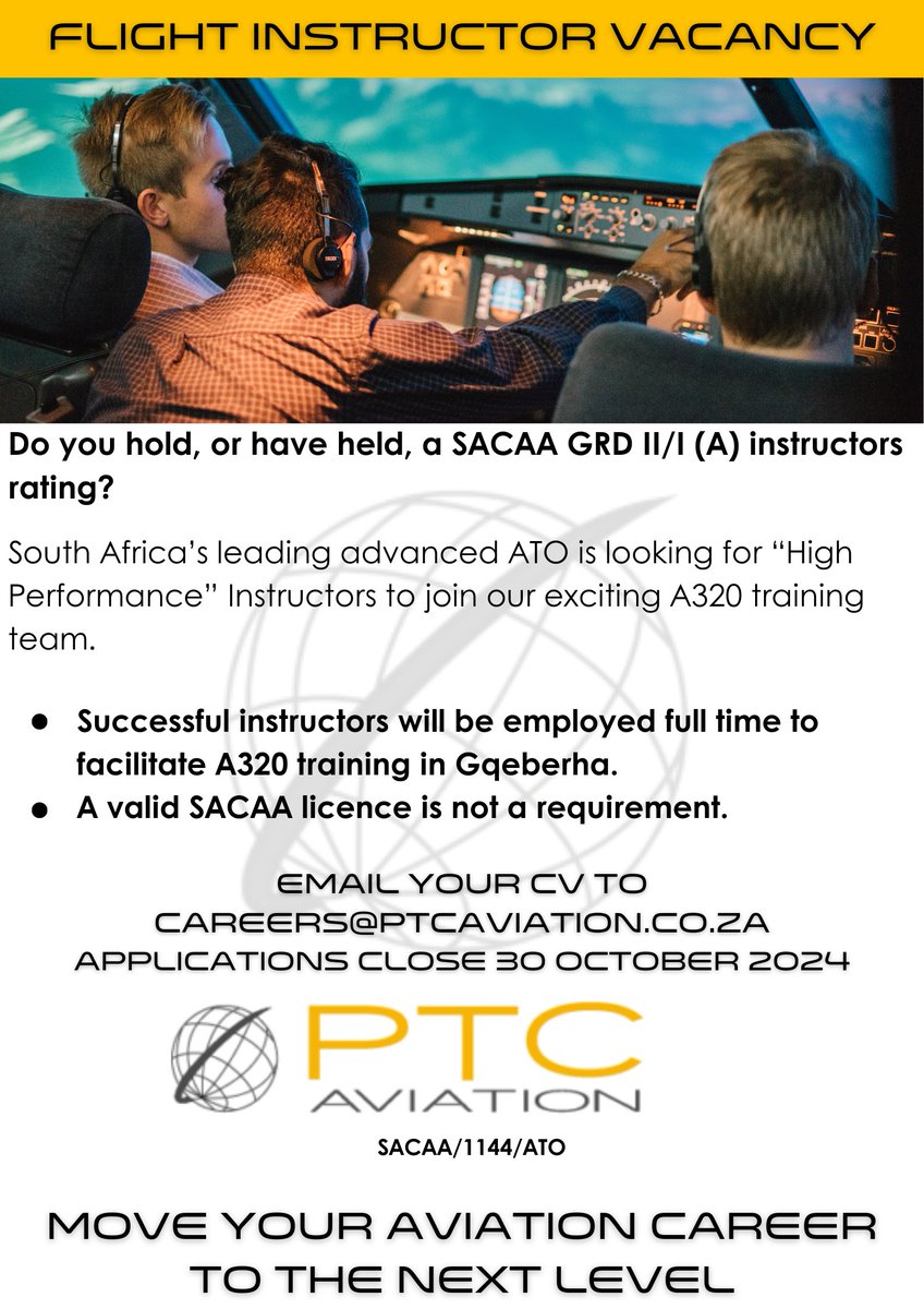 We are hiring a flight instructor. 👩‍✈️👨‍✈️✈️

Send your CV to careers@ptcaviation.co.za.  Full details available in the ad.  Applications close 30 October 2024.
#ptcaviation #aviationcareer #aviationjob #pilotlife #flightschool #aviationindustry #aviationopportunity #joinourteam