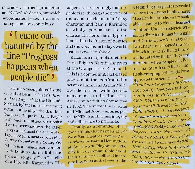 Thank you Michael Billington <a href="/billicritic/">Michael Billington</a> for this lovely review of FOREVERLAND: 'a reminder of the good things that happen Off West End... Hemingford shows a remarkable capacity to blend ideas and emotion'
The show is at <a href="/swkplay/">Southwark Playhouse</a> until this SATURDAY!
Review in <a href="/Countrylifemag/">Country Life</a>