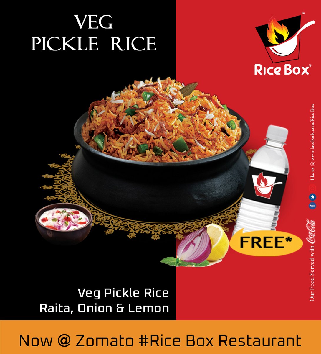 RICEBOX_RESTRO's tweet photo. This Veg Pickle rice is aromatic, delicious and flavourful.
We are available for online orders Exclusive on ZOMATO
https://t.co/r4tuyf2jLV
#Starters #FriedRice #Pulao #Mushroom #Paneer #Egg 
#ChickenStarters #ChickenPulao #FishStarters #FishFriedRice #FishPulao #PrawnPulao https://t.co/A1yCKtH4ac