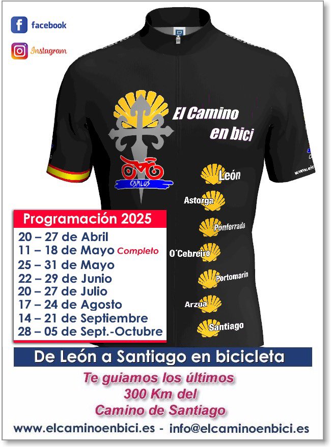 Estas son nuestras fechas para 2025, si quieres hacer el Camino de Santigo y vivir una experiencia única con todo organizado para que no tengas que preocuparte de nada, llámanos. 
Info@elcaminoenbici.es
+34 609 651 089