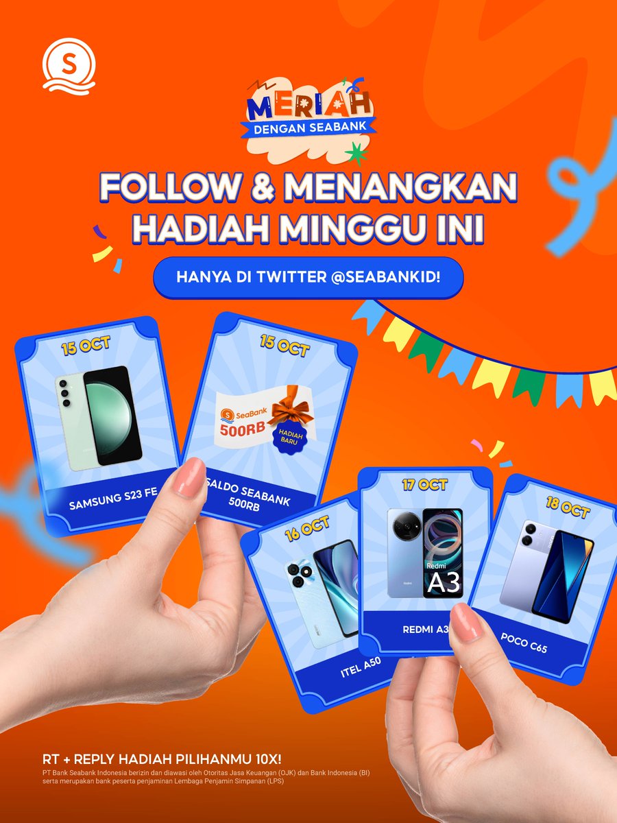 SeaBankID's tweet photo. FOLLOW DAN MENANGKAN HADIAH DI MINGGU INI! 🥳

Cara bawa pulang HADIAH SPESIAL:
1. FOLLOW @SEABANKID &amp; TikTok SeaBank
2. RT Tweet ini
3. REPLY HADIAH IMPIANMU sebanyak-banyaknya! https://t.co/GfbIjlW06p