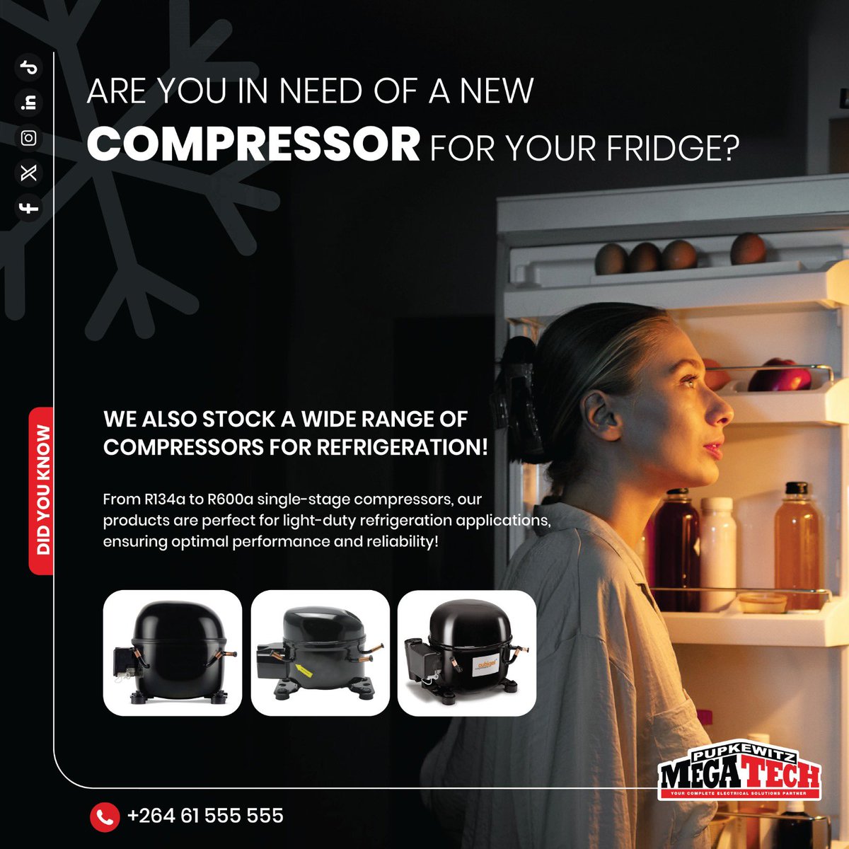 Did you know?❄️

At Pupkewitz Megatech, we don’t just specialise in electrical and renewable energy solutions – we also stock a wide range of compressors for refrigeration! 

We stock this in all our 7 branches across Namibia! Explore our selection today and let us help you keep