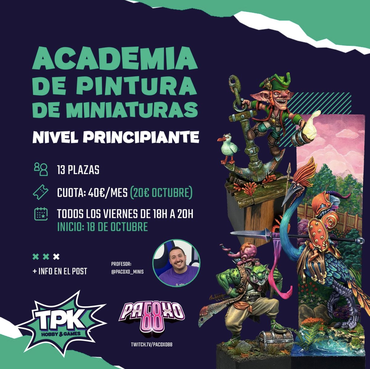 🎨 ¡Nueva Academia de Pintura de Miniaturas en TPK! 🖌️ Clases personalizadas para todos los niveles, cada viernes de 18 a 20h. Inicio: 18 de octubre. Matrícula gratuita y octubre a mitad de precio (20€). 📍 Zaragoza, calle Juan José Lorente 49. ¡Reserva tu plaza!