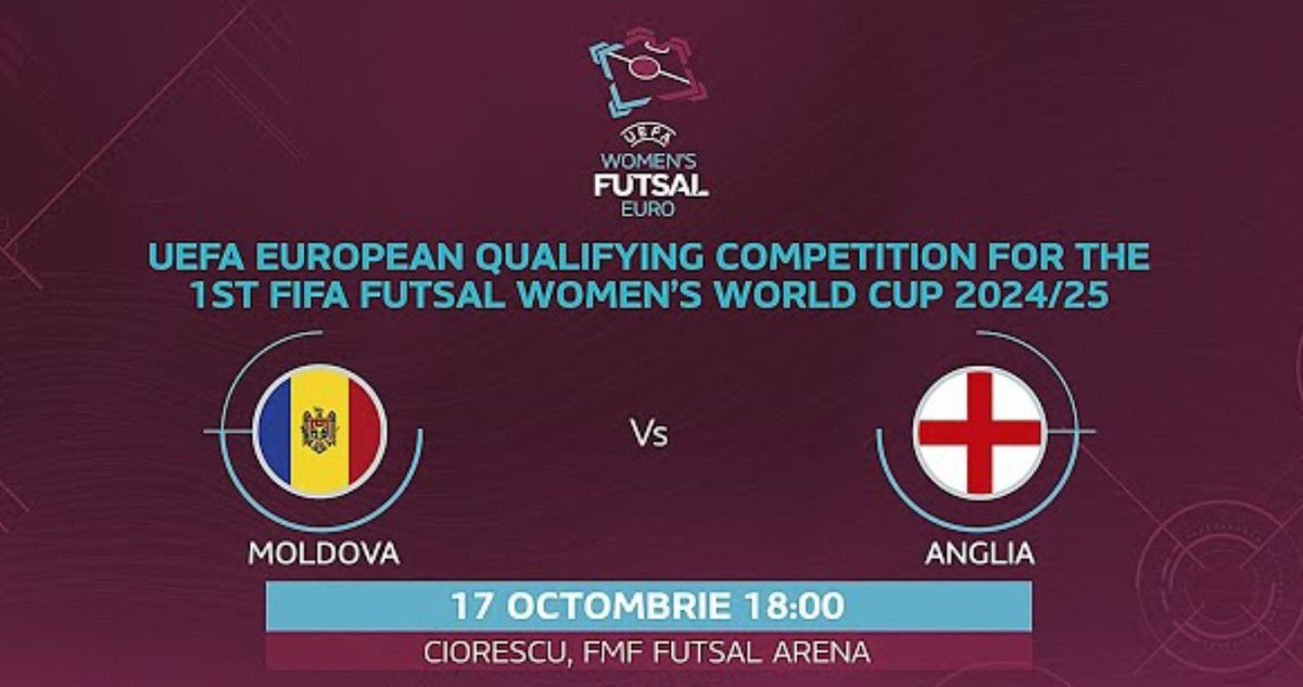 2️⃣0️⃣2️⃣5️⃣ Women's Futsal World Cup Qualification: UEFA
Group4️⃣: Moldova
Match Day 2️⃣

17/10/24 - 16:00 BST
🏴󠁧󠁢󠁥󠁮󠁧󠁿<a href="/EnglandFutsal/">England Futsal</a> 🆚 🇲🇩Moldova
LIVE STREAM: 
youtube.com/live/G4xvKeoQw…