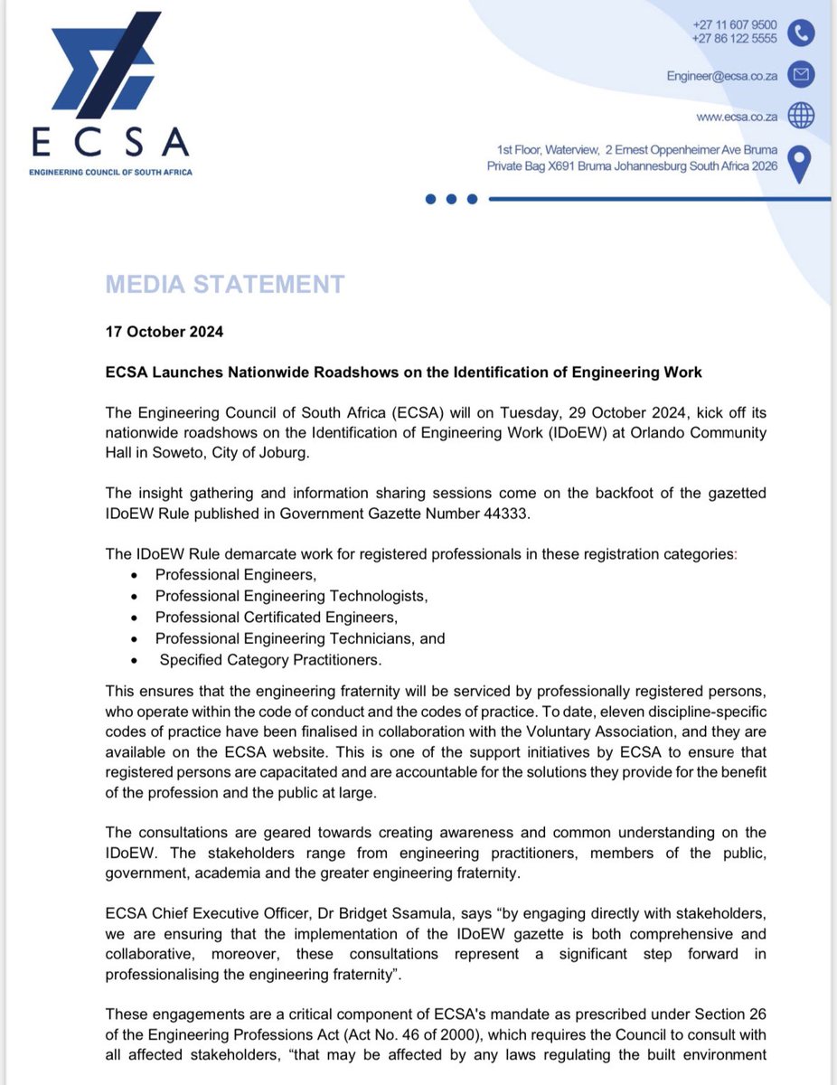 ECSAOfficial's tweet photo. #ECSA IDoEW Roadshows Alert! 
Join us as we kick off the nationwide IDoEW roadshows! First stop: Orlando Community Hall, Soweto on 29 Oct. Discover how the new IDoEW Rule shapes the future of registered engineering professionals in South Africa. Don’t miss out!

#IDoEW https://t.co/CRLFfbgwwN