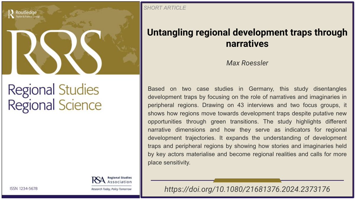 📈Interested in regional development? Enjoy this short article out <a href="/RSRS_OA/">Regional Studies, Regional Science (RSRS)</a> on regional development traps in Germany by <a href="/max_roessler/">Max Roessler</a> - available in #OpenAccess

doi.org/10.1080/216813…