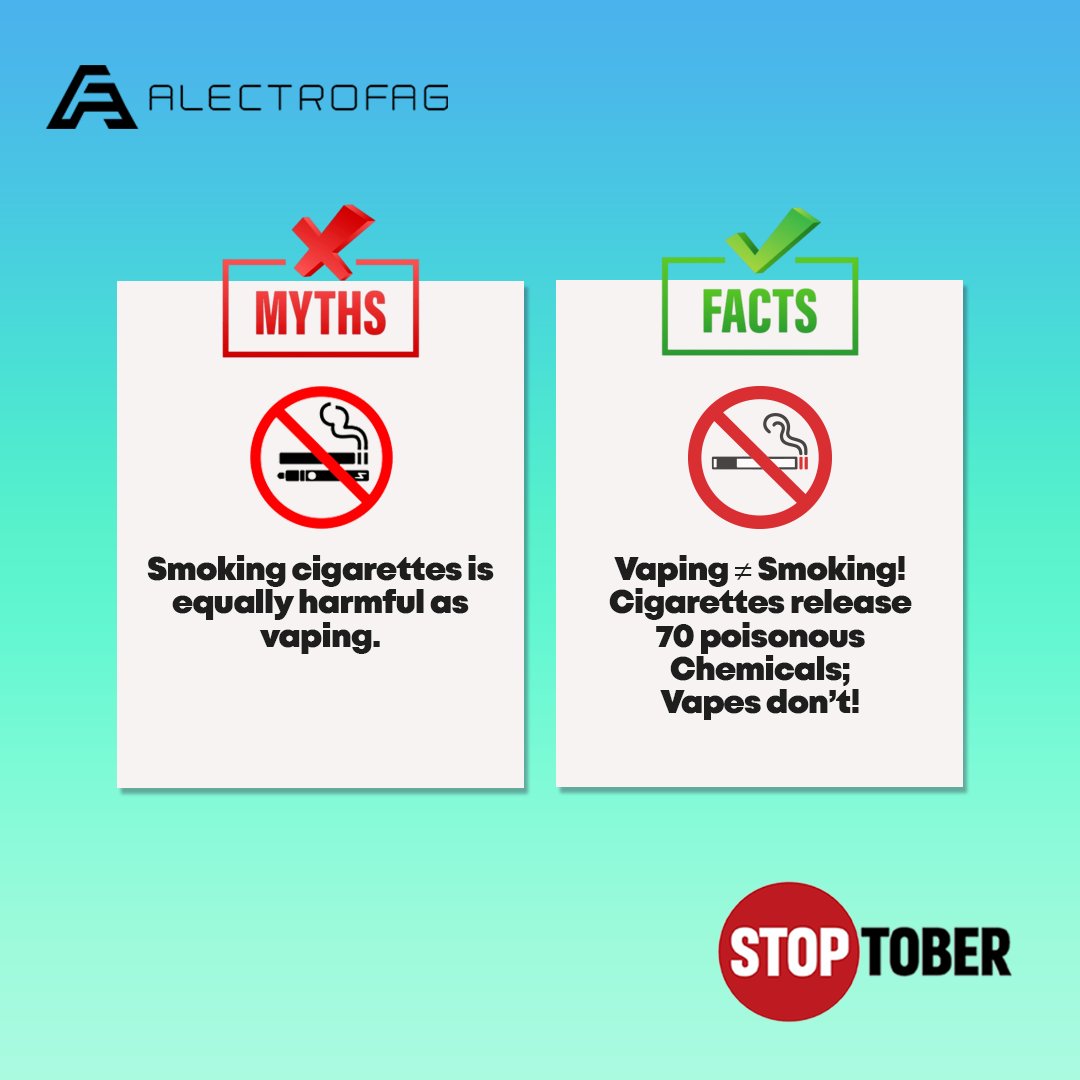 Vaping never equals smoking!

Say goodbye to harmful chemicals and hello to safer nicotine alternatives.

Start your journey toward a healthier, smoke-free lifestyle

Shop your favourite vape now.

#Stoptober #Alectrofag #myths #quitsmoking