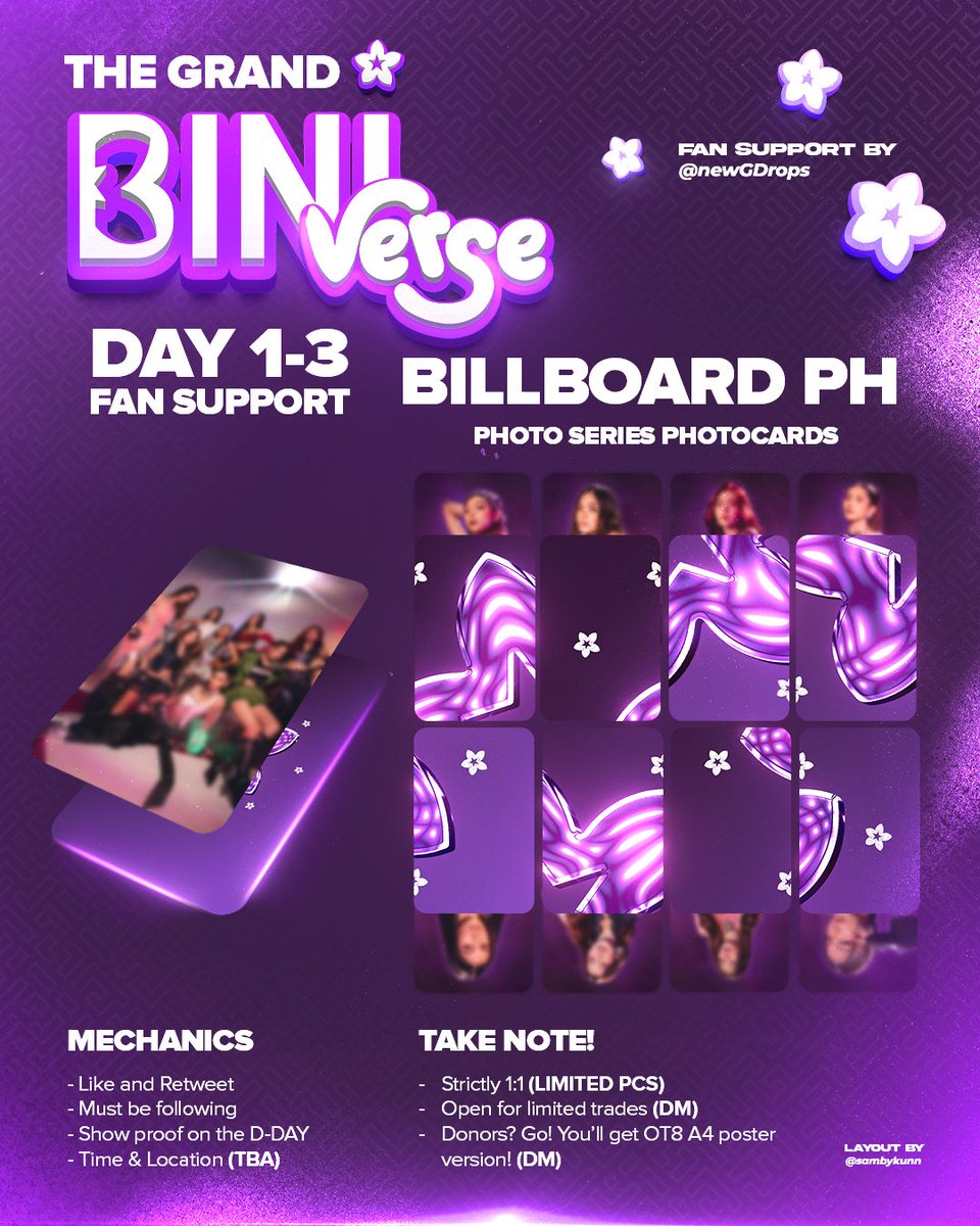 newGdrops's tweet photo. The #GrandBINIverse Day 1-3 fan support by @newGdrops 

Billboard PH Photo Series Photocards (Find your groupmates version) 🫣

- like and rt
- mbf 
- show proof on the day
- time & loc tba

strictly 1:1 (limited qty)
open for limited trades (DM)
donors? Go! You’ll get OT8 A4 poster version or OT8 set! (DM)

See you GBV!

Special thanks to @sambykunn for taking the challenge sa layout 🤝
