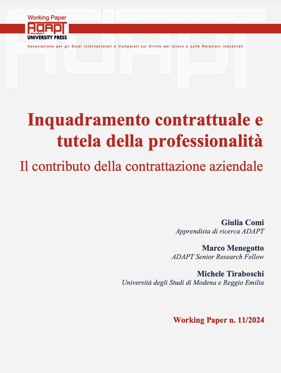 Il contributo della contrattazione aziendale alle tematiche dello sviluppo delle competenze, dei percorsi di carriera, della promozione / tutela della professionalità e dell'inquadramento contrattuale
Al link che segue, #OpenAccess, uno studio <a href="/ADAPTland/">ADAPTLAND</a> che ho condotto con