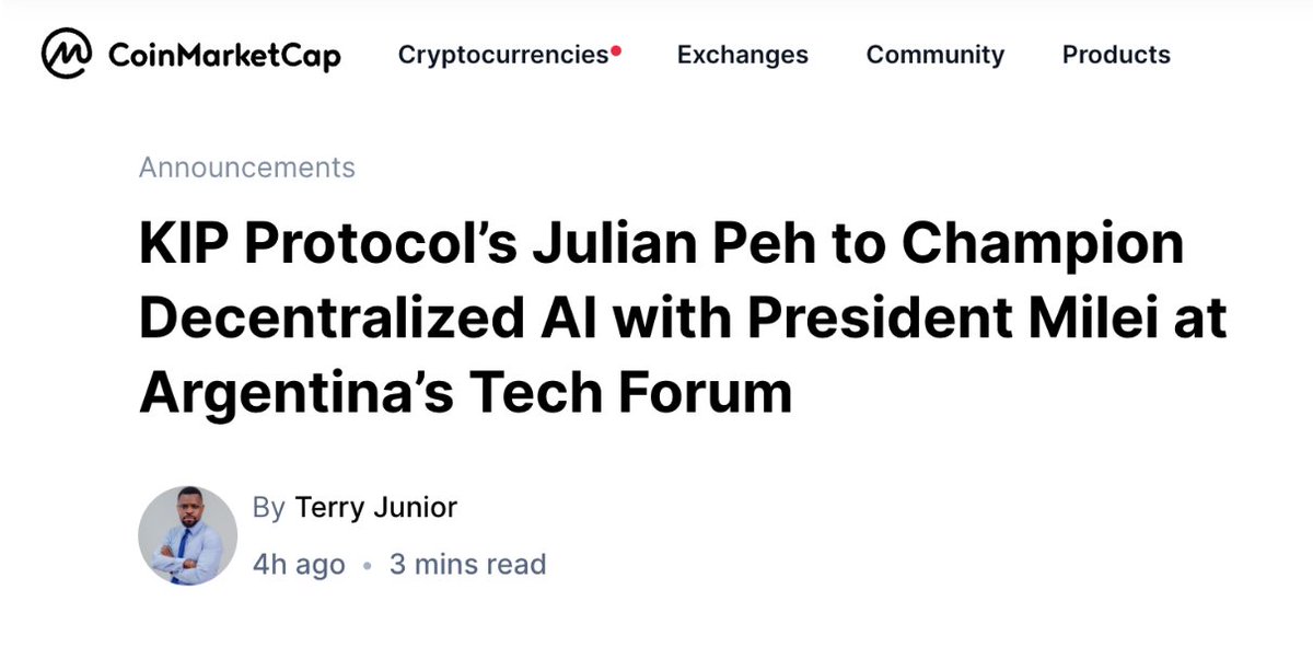🚨 BREAKING : <a href="/CoinMarketCap/">CoinMarketCap</a> just dropped an article about $KIP 's ambitious move to champion Decentralized AI in #Argentina 🇦🇷

Highlights
💡 500+ attendees expected at  <a href="/TechForumAR/">TECH FORUM</a>, featuring President <a href="/JMilei/">Javier Milei</a>, high-level officials, policymakers, academics, and developers
🚀
