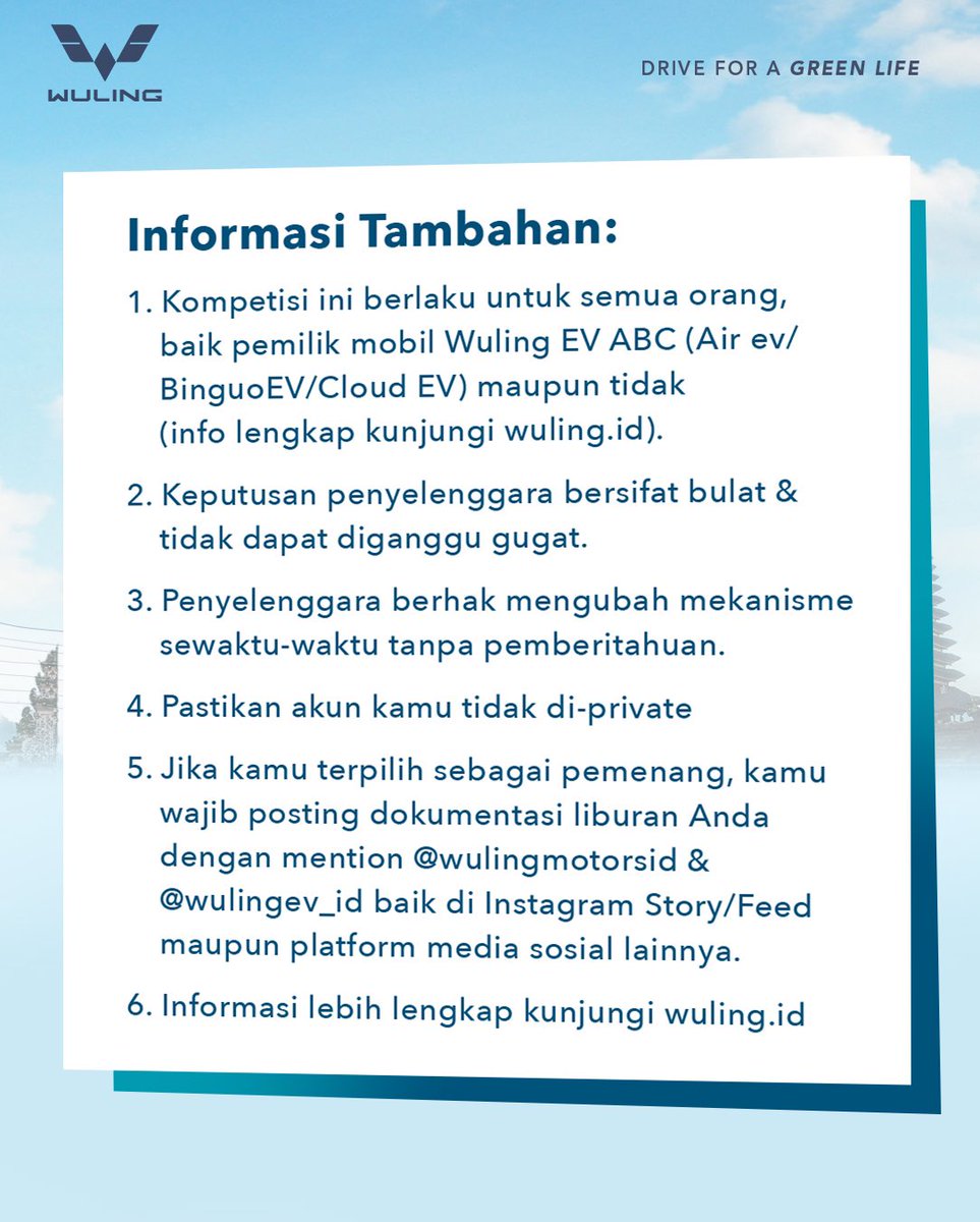 WulingMotorsID's tweet photo. Yuk ikuti #ABCDriveExperience Video Competition! Untuk info lengkapnya, cek gambar berikut ya.  

#WulingMotors #DriveForABetterLife #Airev #BinguoEV #CloudEV https://t.co/SuTluQxwR5