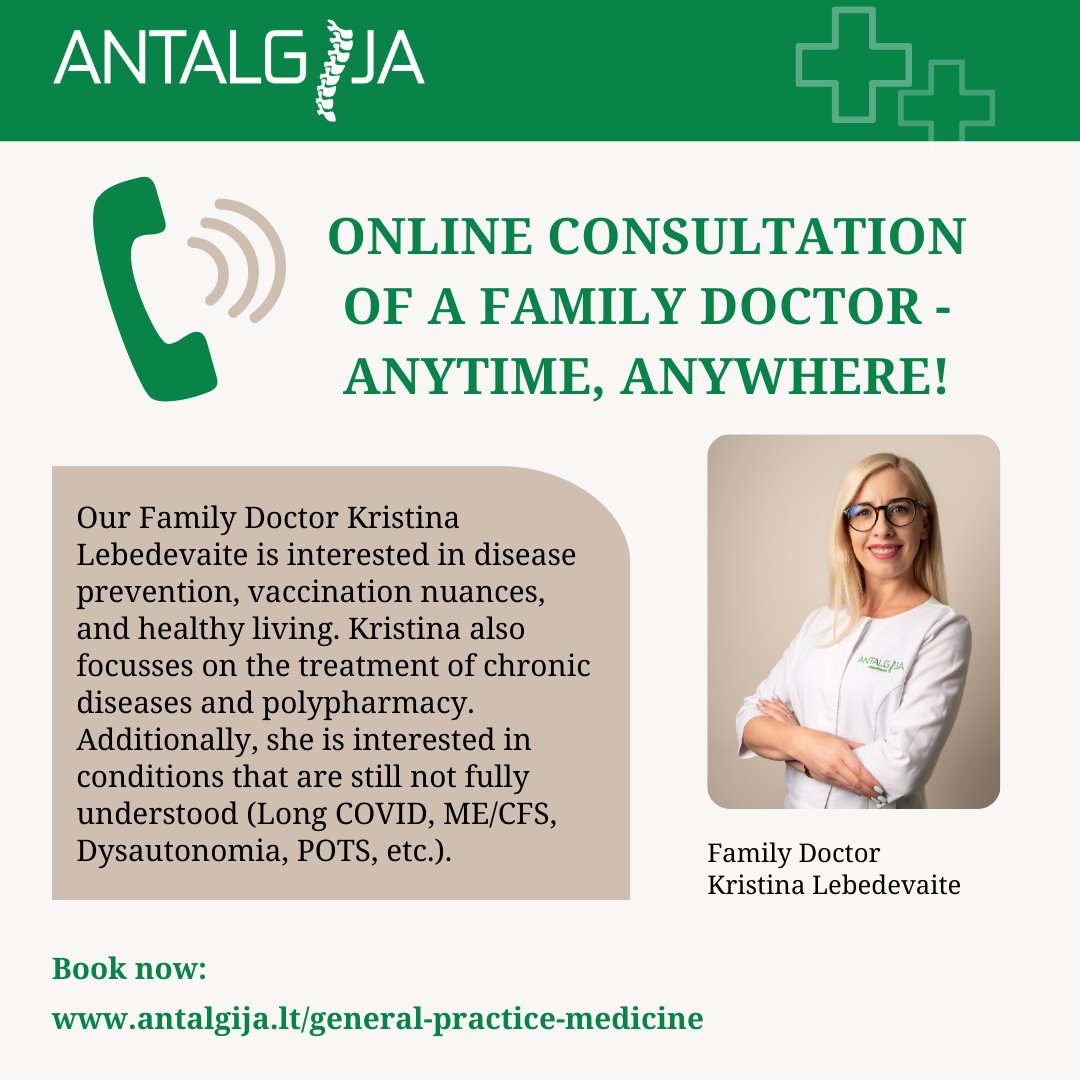 Please get to know our family doctor Kristina Lebedevaite @Klebedevaite.
When do you need a remote Kristina consultation?
- It is convenient when your health condition does not allow you to attend an in-person consultation.
- If you have questions about specific actions related