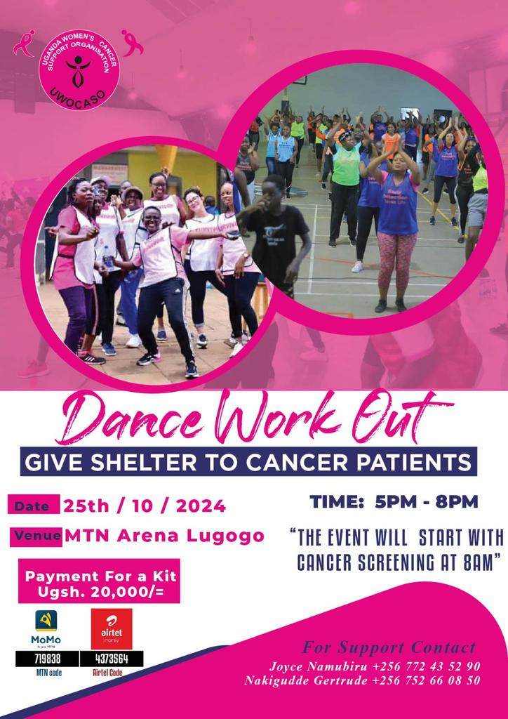UgCancerSociety's tweet photo. 🕺🏽 Join @UWOCASOfficial  for the 3rd Breast Cancer Awareness Dance Workout on 25th Oct at MTN Arena, Lugogo! —proceeds go to cancer patients' shelter!
🕔 5-6pm: Warmup
🕕 6-8pm: Fitness Workout
 Buy a kits @ 20,000/=
💸 MTN: 1653# (ID: 719838)
       Airtel: 1859# (ID: 4373564) https://t.co/vadBzapZDK