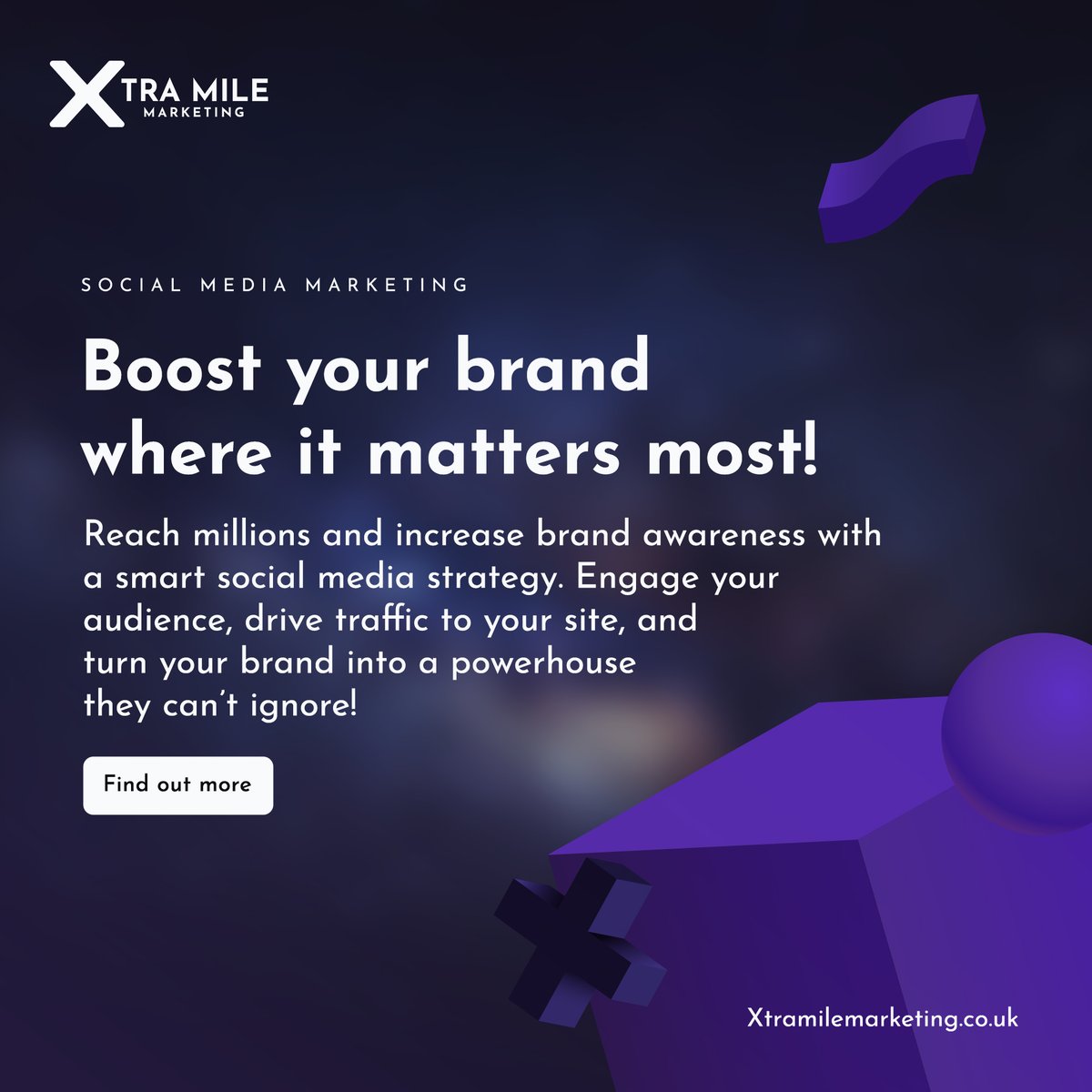 Maximise your brand’s visibility with a killer social media strategy. 📈

Engage your audience, drive traffic, and watch your brand awareness skyrocket! 🚀 The right strategy = big results. 💥

👉 Learn more: loom.ly/ytZjWpU

#XtraMileMarketing #SocialMediaMarketing
