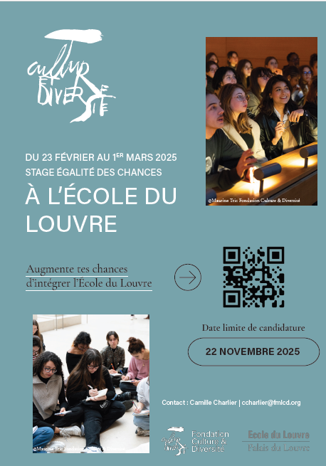 📣Appel à candidatures - Stage Égalité des Chances à l’École du Louvre 2024-2025 - <a href="/FondationCD/">CultureEtDiversité</a> 

🗓️Jusqu'au 22 novembre 2024.

➡️arts-plastiques.ac-versailles.fr/spip.php?artic…