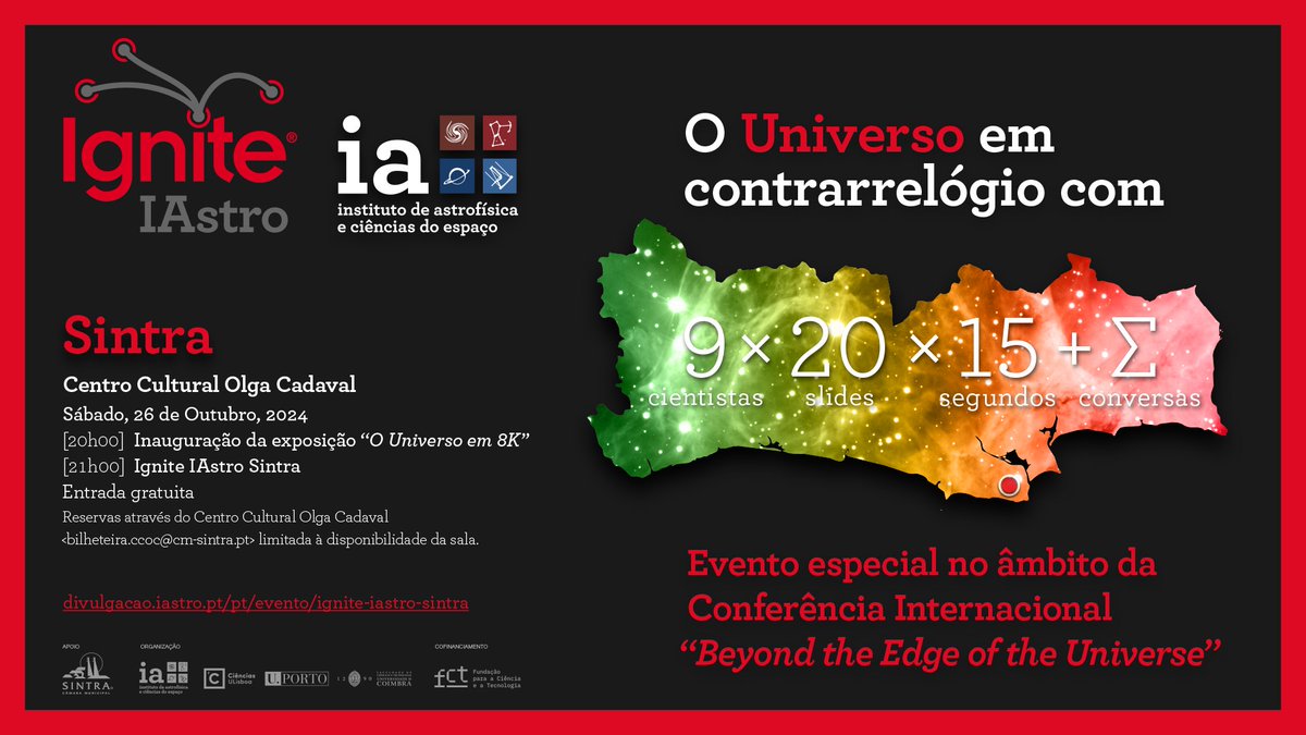 9 cientistas sobem ao palco no Centro Cultural Olga Cadaval, #Sintra, e vão transportar o público numa viagem do Sistema Solar aos confins do #Universo, num espetáculo dinâmico e divertido.
Entrada livre. Inscrição &gt; bilheteira.ccoc@cm-sintra.pt
divulgacao.iastro.pt/pt/evento/igni…