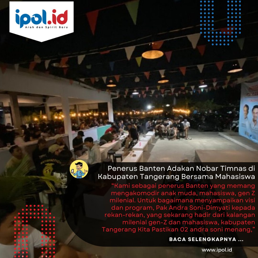 ipoldotid's tweet photo. https://t.co/DBTGN9Bln3
IPOL.ID- Ratusan Mahasiswa Kabupaten Tangerang dan Relawan Penerus Banten Mengadakan Acara Nobar dan Deklarasi untuk menangkan Paslon gubernur dan wakil gubenur Banten Andra Soni-Dimyati Natakusumah di Pilkada Banten 2024.
#nobar
#timnas
#banten
#ipol https://t.co/sIcCz0V7Cq