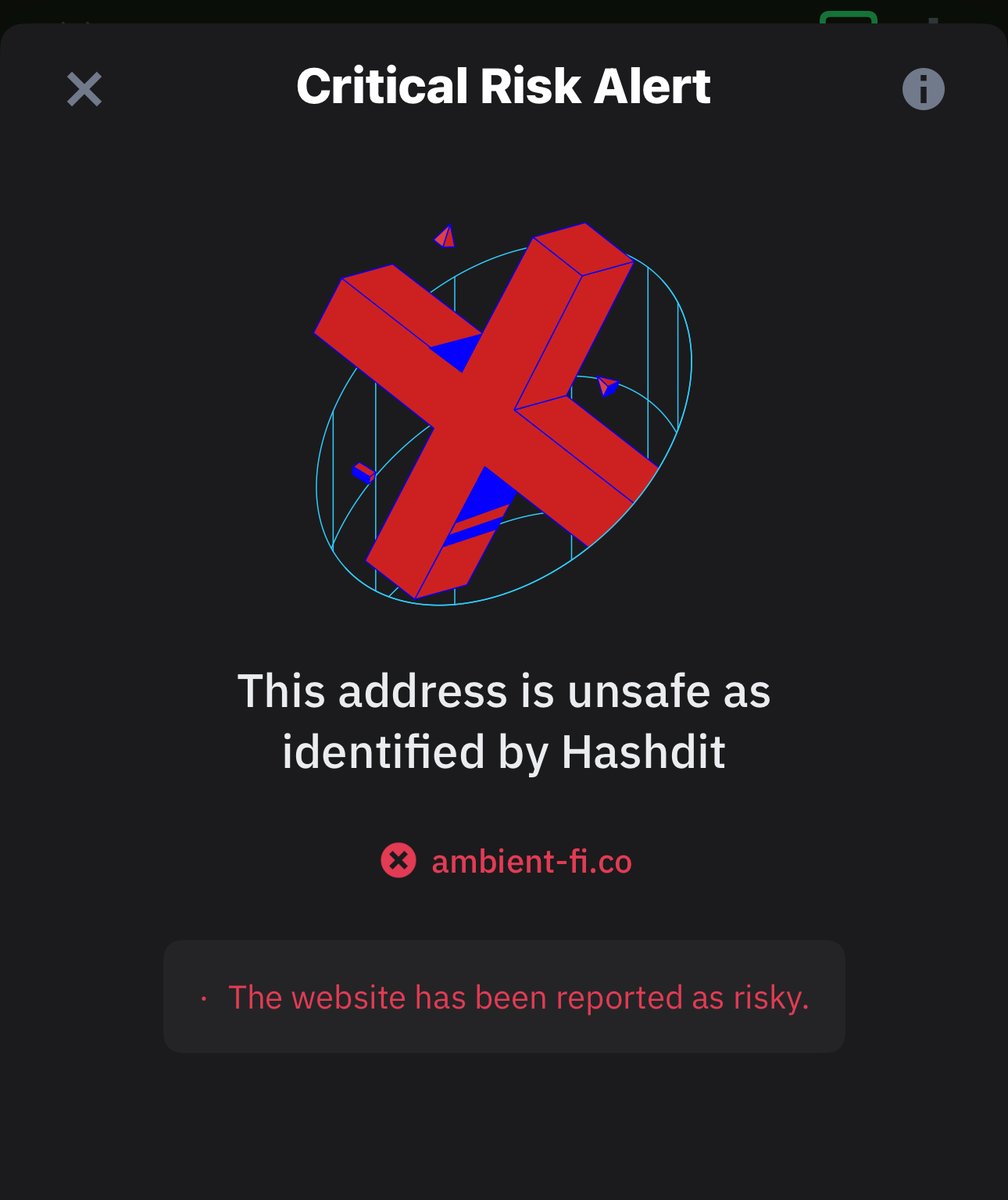 🚨 Heads up: There is a frontend attack targeting  <a href="/ambient_finance/">ambient</a>.

<a href="/TrustWallet/">Trust Wallet</a> users will see this warning when connecting to ambient-fi.co/ambient.finance. If you're already connected to their dApp, please avoid using it or signing transactions for now. Stay safe! 🙏