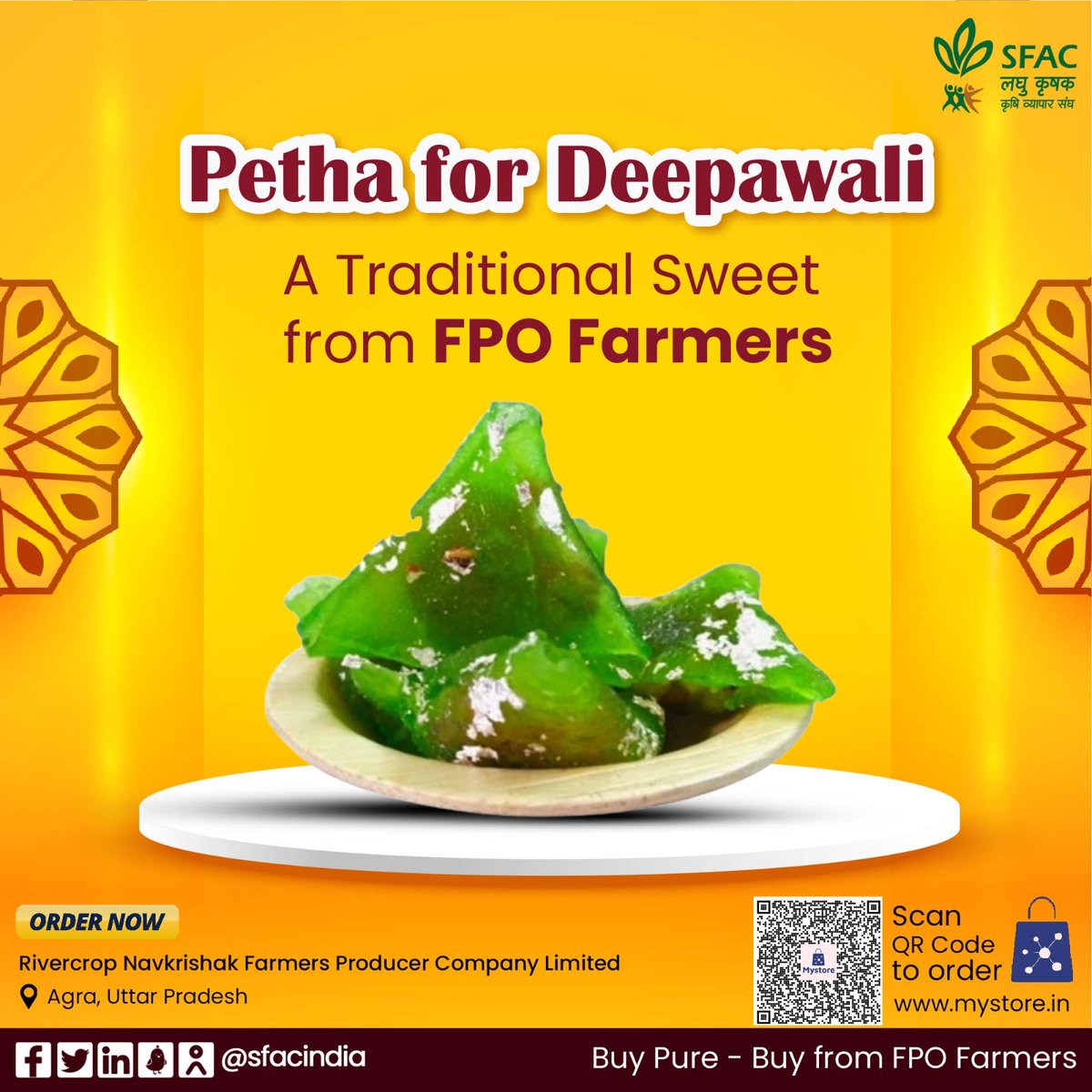 sfacindia's tweet photo. This Deepawali, gift authentic Agra petha to your friends & relatives made by FPO farmers of Uttar Pradesh.
Order at👇
https://t.co/AOKWEJB6iN
🪷
@AgriGoI @ChouhanShivraj @mpbhagirathbjp @RNK_Thakur @ONDC_Official @PIB_India @mygovindia #VocalForLocal #diwali #Diwali2024 #Petha https://t.co/uwKM1BQmmi