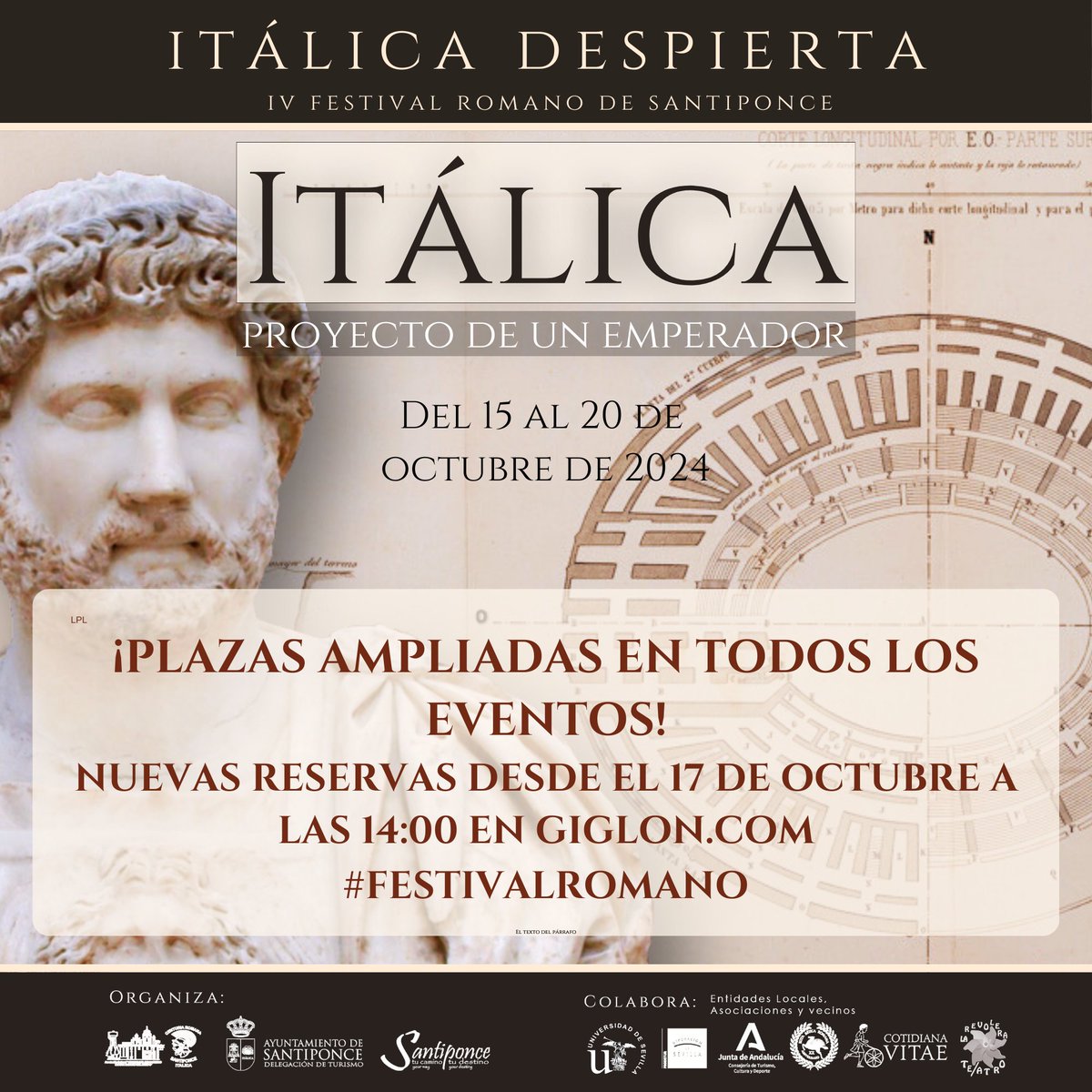 cotidianavitae's tweet photo. FESTIVAL  ROMANO: Acabamos de ampliar plazas en TODOS LOS EVENTOS con reserva  previa para las actividades de este finde. ¡Corre, que se acaban!

Reservas: https://t.co/I6cSv6xJN6

#itálicadespierta https://t.co/w5HOQipQsh