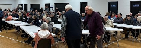WindConcernsONT's tweet photo. Packed hall in Zorra Twp last evening as residents discuss proposals for new industrial wind power sites. Noise, loss of prime food-producing agricultural land, important issues. Municipal support now mandatory for bids. @IESO_Tweets @OxfordCounty #noise #parttimepower https://t.co/d91vOJifU4