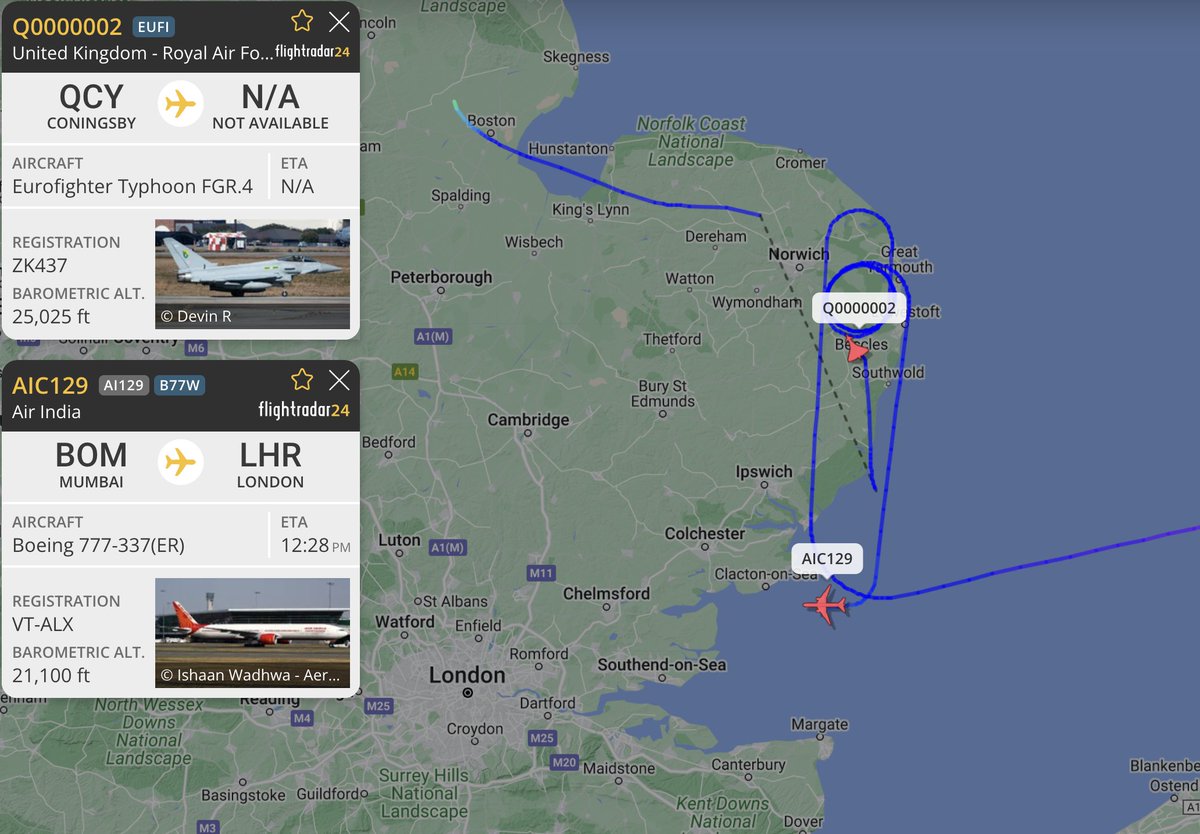 alternativewip's tweet photo. #AirIndia 777-337(ER) seen on the flight radar briefly squawking 7700 and circling to south east of england. #AIC129
#RAF eurofighter typhoon seen heading out to the area, rumoured to be a potential bomb threat, however not confirmed. #Q0000002 https://t.co/KiJM5Filmf