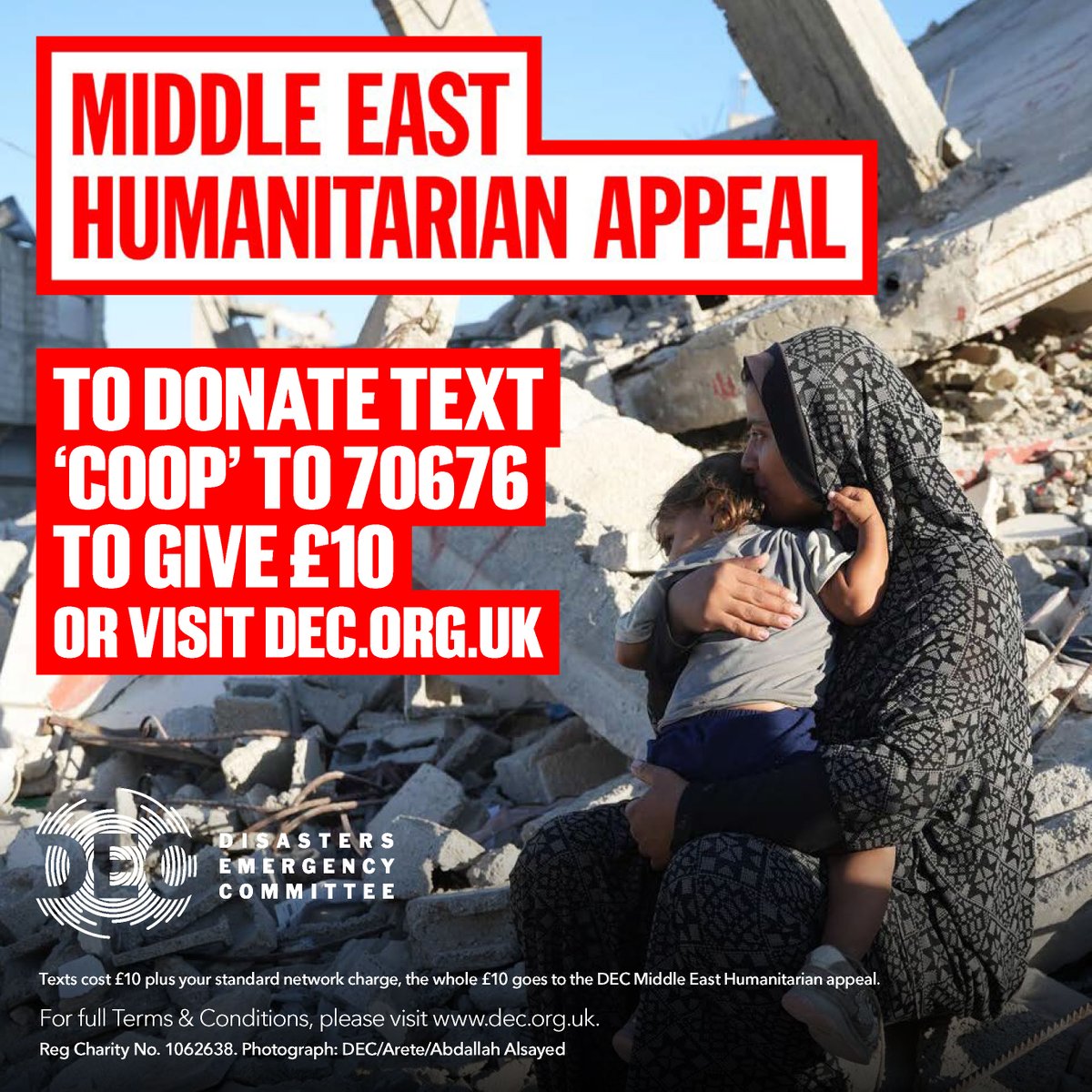 Millions of people across Gaza, Lebanon and the wider region are in urgent need of food, shelter and medical care. At <a href="/coopuk/">Co-op</a> we’re supporting <a href="/decappeal/">DEC</a> Middle East Humanitarian Appeal to help those affected. Help by donating at tills in store, or via coop.uk/4haxDes.