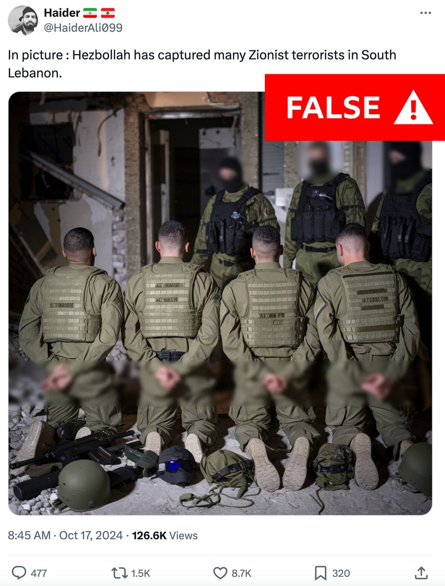 Shayan Sardarizadeh (@shayan86) on Twitter photo This widely shared image, claiming to show IDF soldiers captured by Hezbollah, is AI-generated and fake.
The bizarre rifles, tactical gear and inelligible Hebrew on the vests are all signs of AI.
Fact-checked by <a href="/GhonchehAzad/">Ghoncheh Habibiazad | غنچه</a> This widely shared image, claiming to show IDF soldiers captured by Hezbollah, is AI-generated and fake.
The bizarre rifles, tactical gear and inelligible Hebrew on the vests are all signs of AI.
Fact-checked by <a href="/GhonchehAzad/">Ghoncheh Habibiazad | غنچه</a>