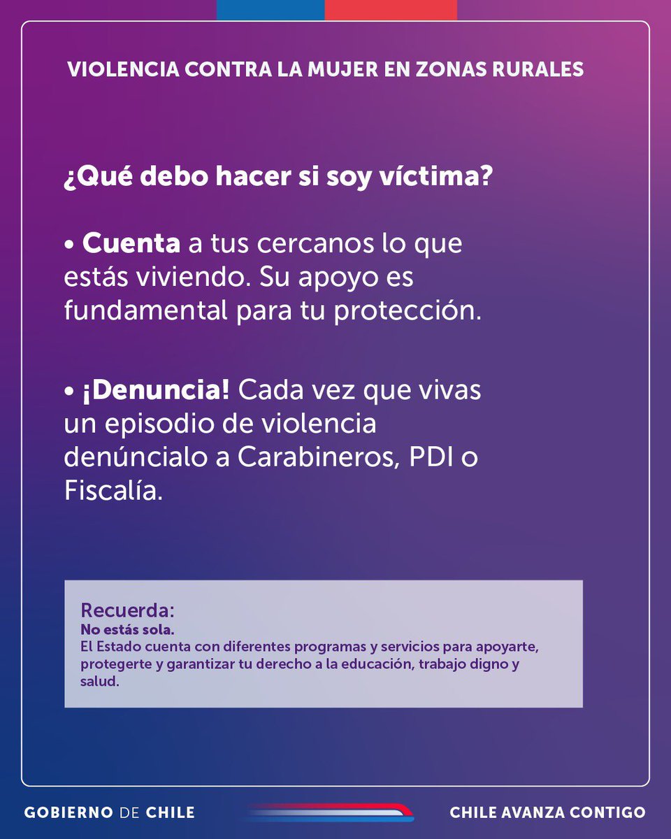 MagallanesSpd's tweet photo. 🟣La violencia contra la mujer es sectores rurales es una realidad. Si eres víctima de este delito o conoces a alguien que lo sufre
¡DENUNCIA! Juntos podemos hacer la diferencia. Recuerda que no estás sola, como @gobiernodechile contamos con programas para ayudarte.🫂 https://t.co/hx3IvUmAeV