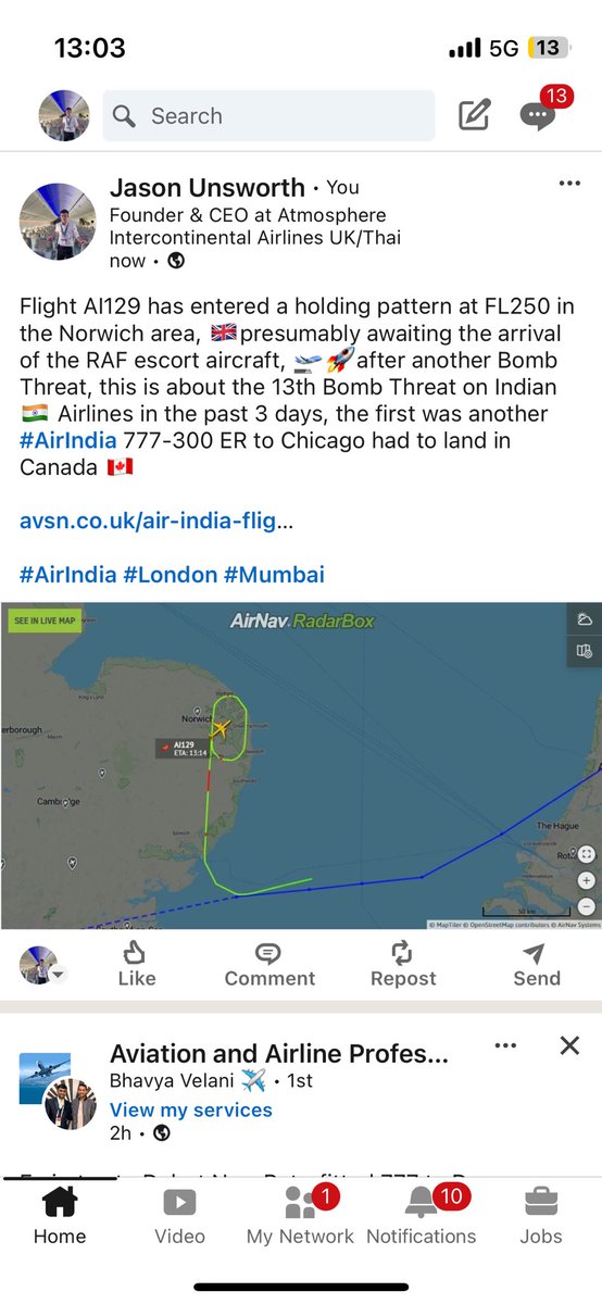 JasonUnsworthAA's tweet photo. Flight ✈️ #AI129 has entered a holding pattern at FL250 in the #Norwich area, 🇬🇧presumably awaiting the arrival of the RAF escort aircraft, 🛫🚀after another Bomb Threat, this is about the 13th Bomb Threat on #Indian 🇮🇳 #Airlines in the past 3 days, the first was another #AirIndia 777-300 ER to Chicago had to land in #Canada 🇨🇦
https://t.co/yW9NxWy5rA…
#AirIndia #London #Mumbai @airindia @STN_Airport @RoyalAirForce